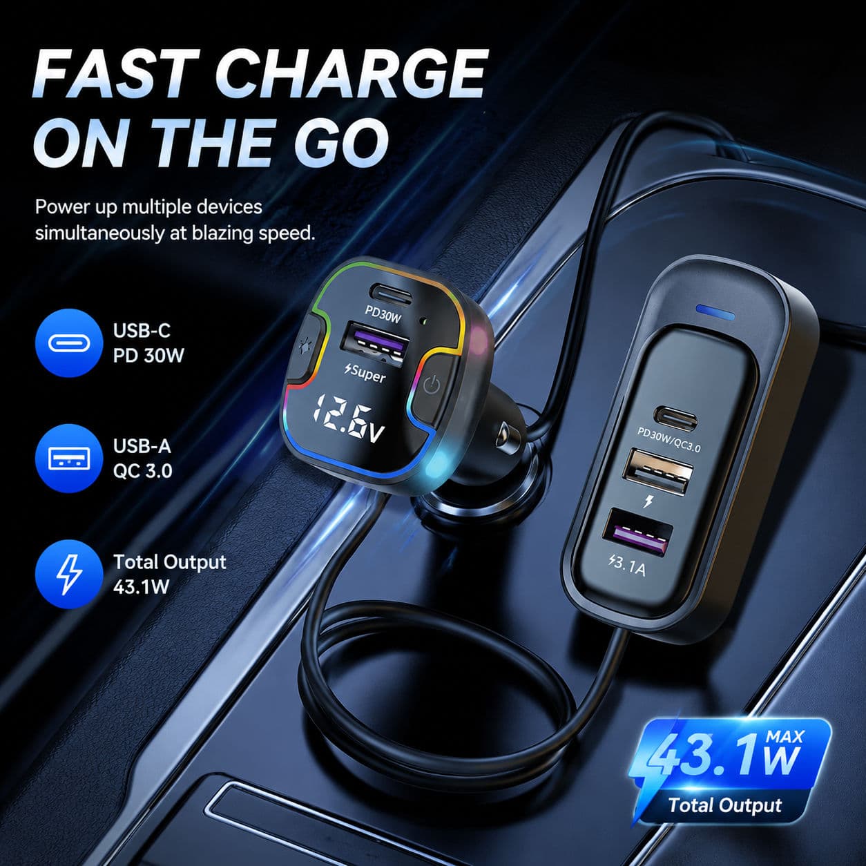 Cabo de extensão para carregador veicular 30W Super Carregador Rápido 30W com duas portas ISO/Android Adaptador de