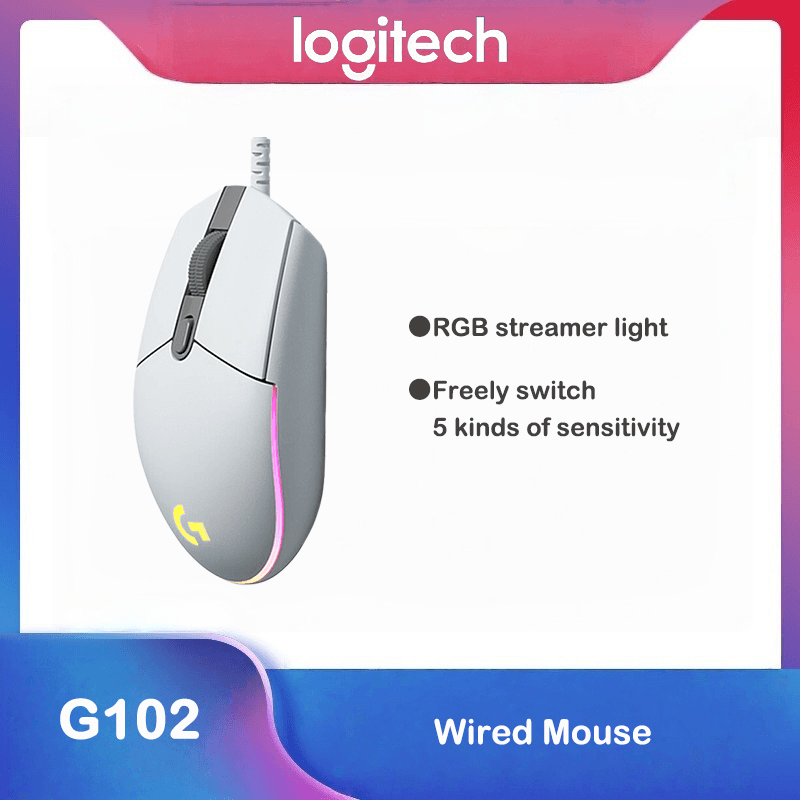 Mouse Gamer Logitech G102 Lightsync RGB com 8000 DPI, USB, com fio, ergonômico, recarregável e sem fio para PC, Windows,