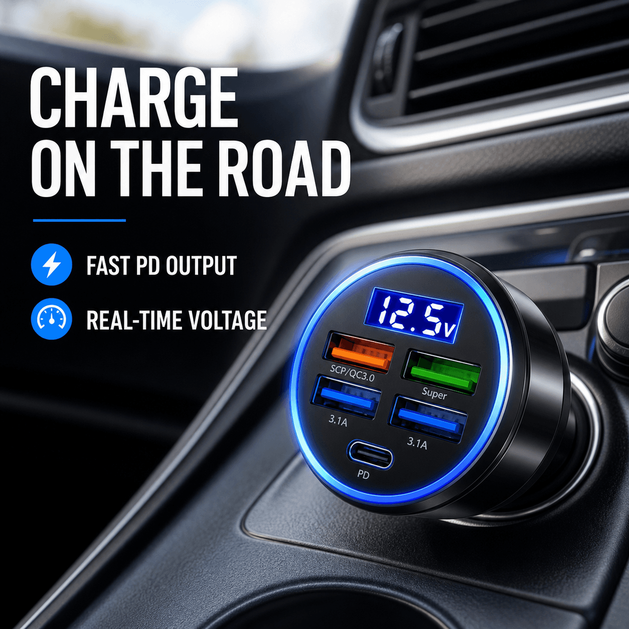 Carregador Veicular Tipo C PD QC3.0 USB 250W Adaptador de Carregamento Rápido para Carro Compatível com Huawei iPhone