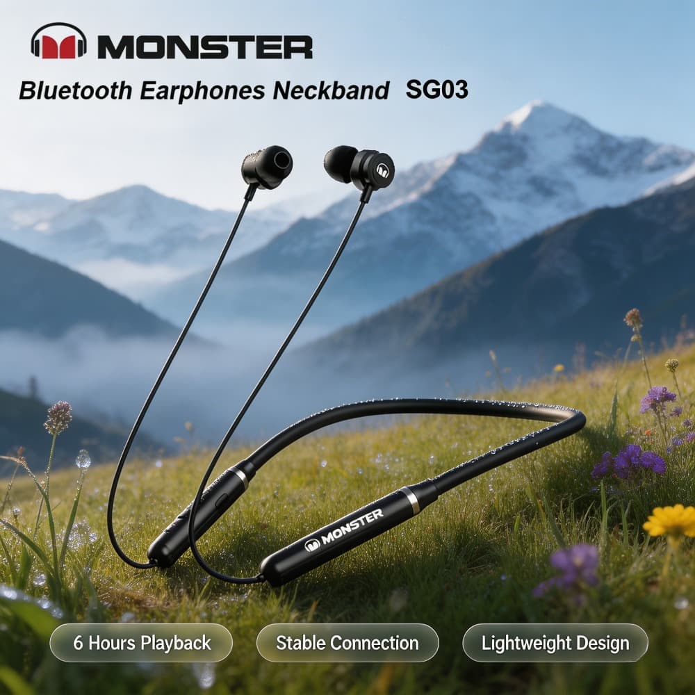Fones de ouvido Monster SG03 para esportes ao ar livre, corrida, fone de ouvido Bluetooth com faixa de pescoço, fones