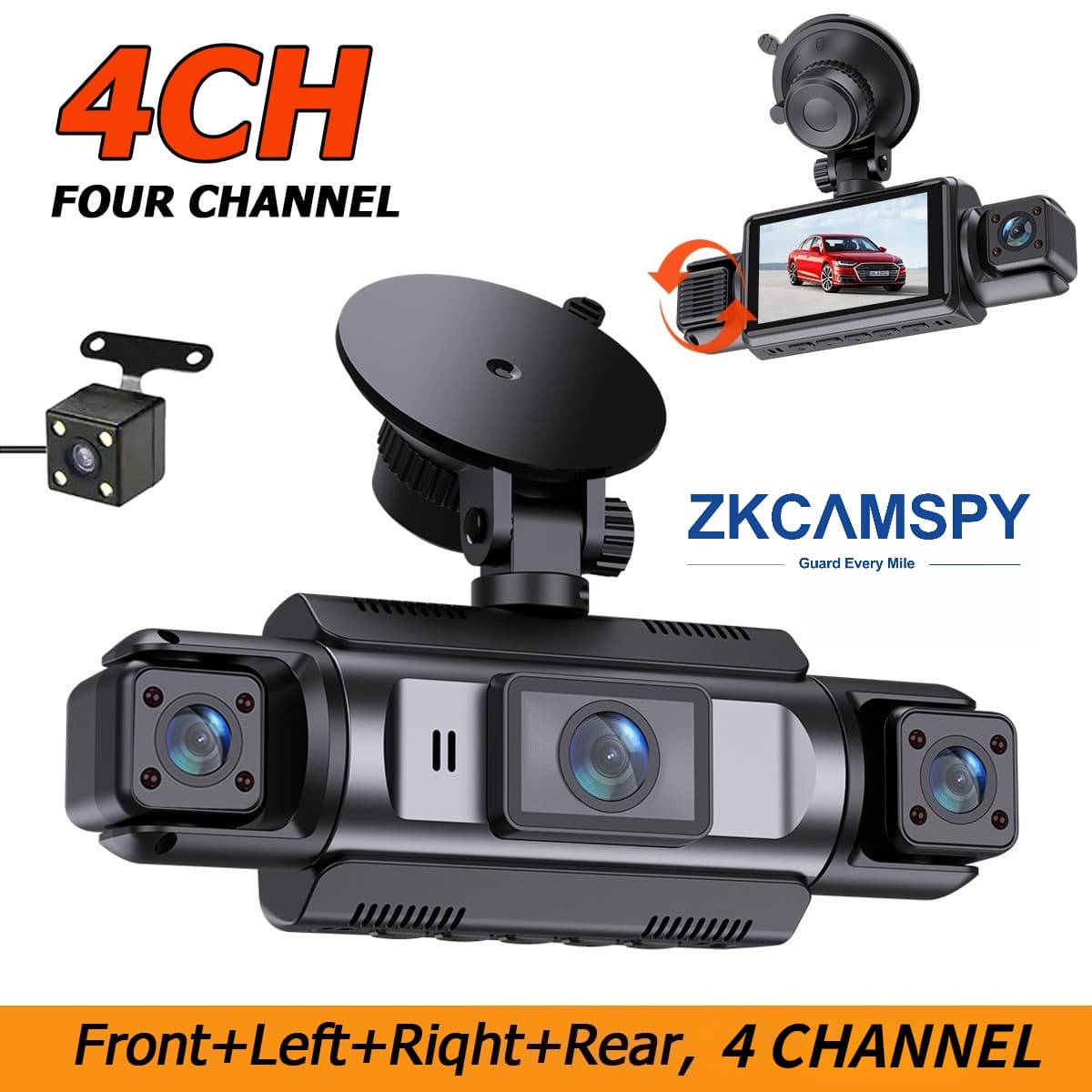 Câmera Veicular 4 Canais Frente Traseira Interior Cabine 360° DVR Carro com Visão Noturna IR Monitor de Estacionamento