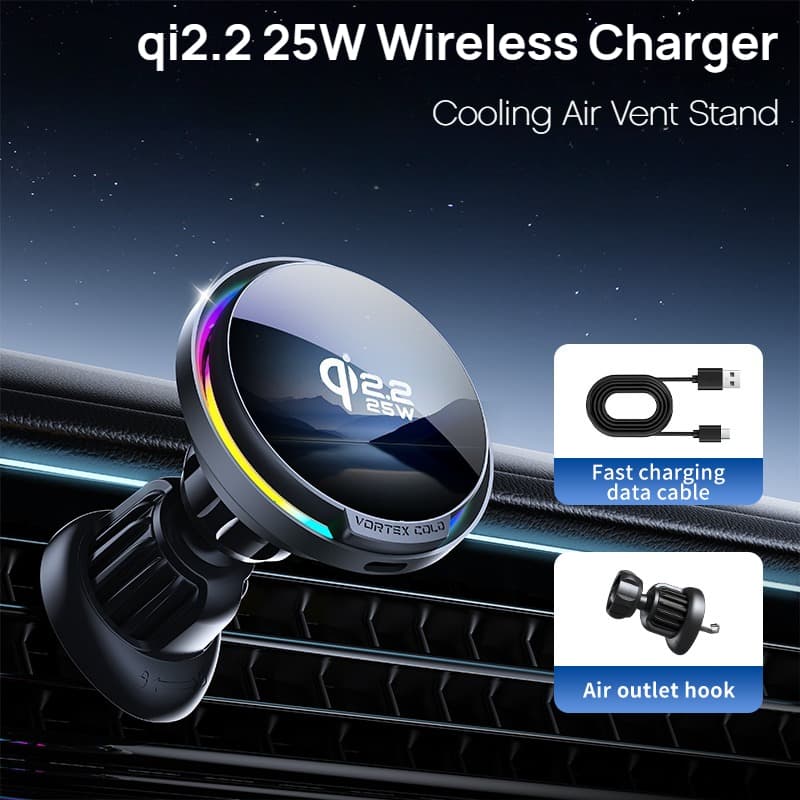 Qi2.2 25w RGB Carregador De Carro Sem Fio Magnético Ventilação Ar Carregamento Rápido Suporte Do Telefone Montagem Para 