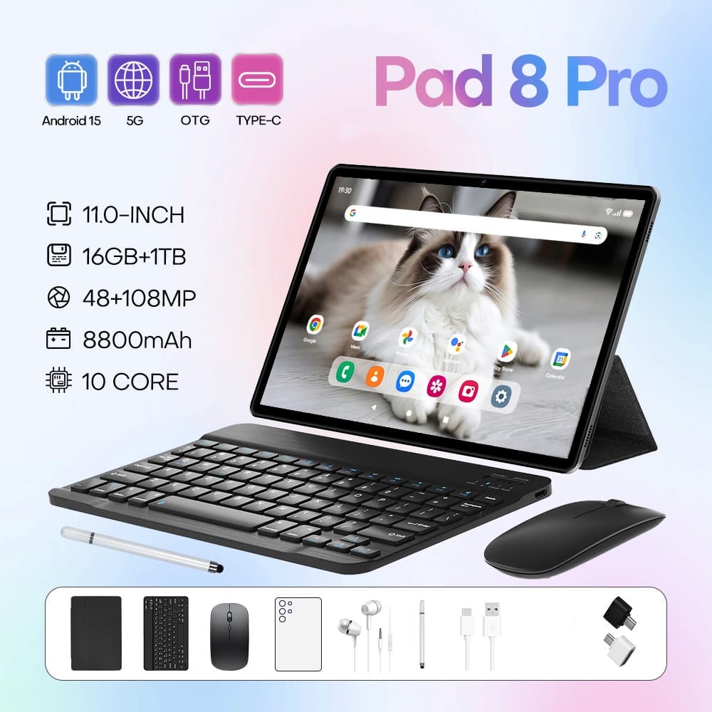 Tablet Android com tela sensível ao toque HD, câmera HD com grande memória, Wi-Fi, GPS, teclado e mouse destacáveis para