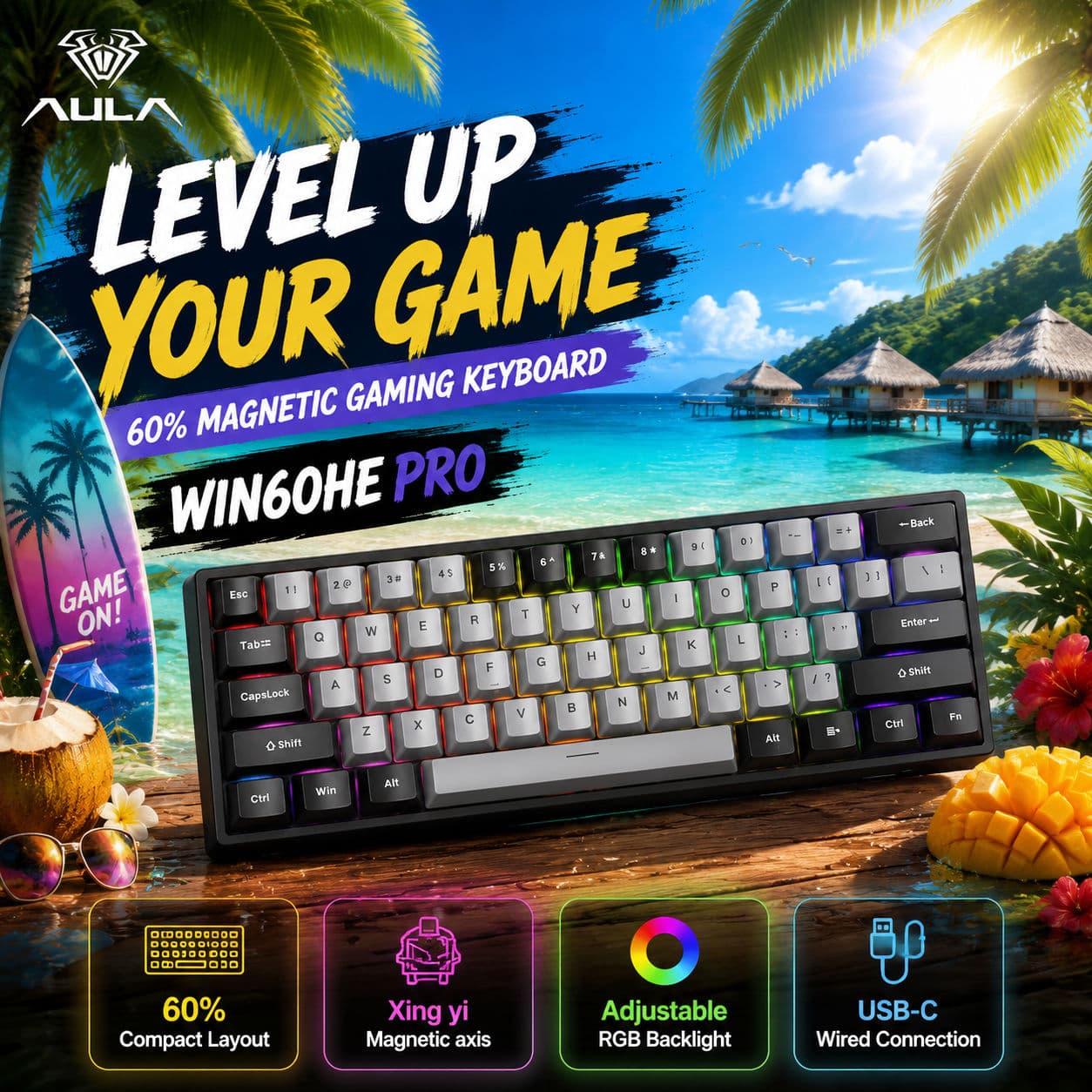 Teclado Magnético Hall Effect AULA WIN60HE PRO Xingyi, Gatilho Rápido, Teclado Mecânico de Jogos RGB, Compacto 60% com