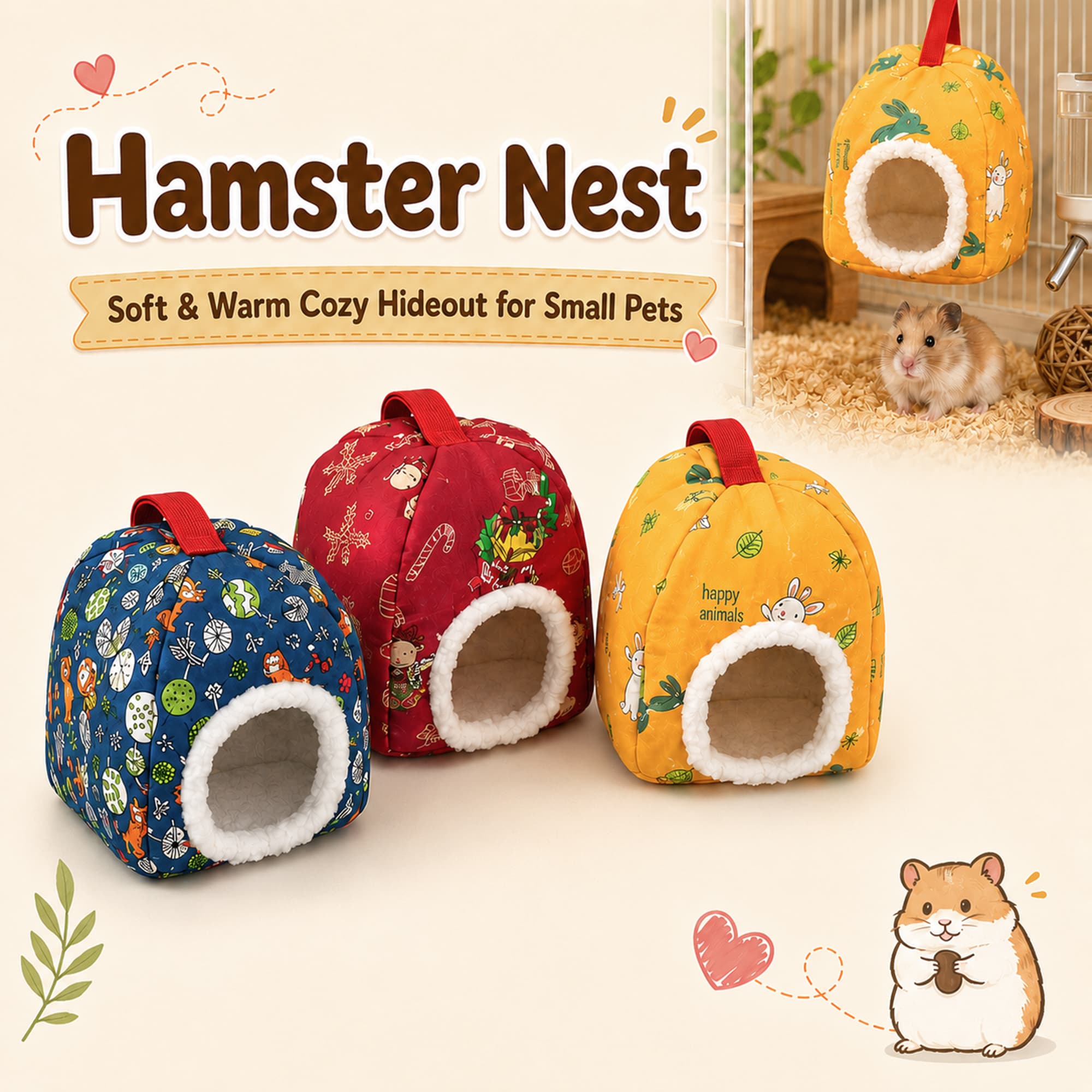 Ninho suspenso para hamster em pelúcia quente, cama aconchegante para pequenos pets, casinha para inverno