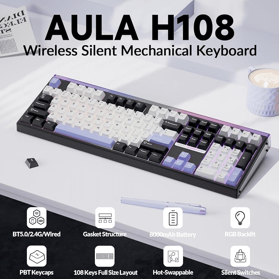 Teclado Mecânico Sem Fio Aula H108, Troca a Quente, Teclado Silencioso Tamanho Completo com Teclado Numérico, Estrutura