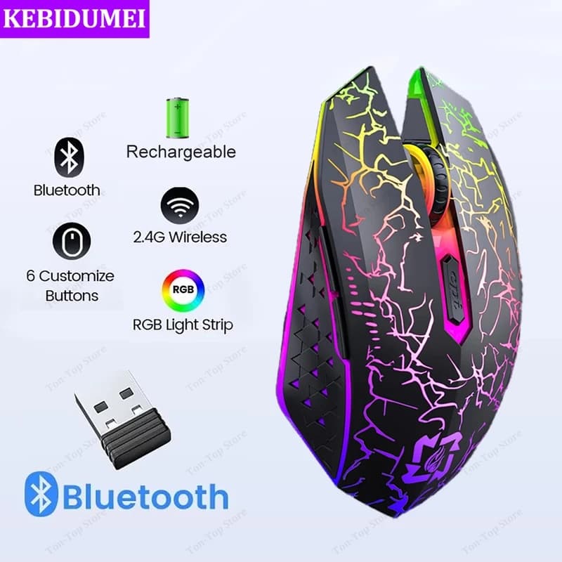 Design ergonômico de mouse gamer RGB com luz, mouse Bluetooth, mouse sem fio 2,4G, 1600 DPI, 6 botões silenciosos, ideal