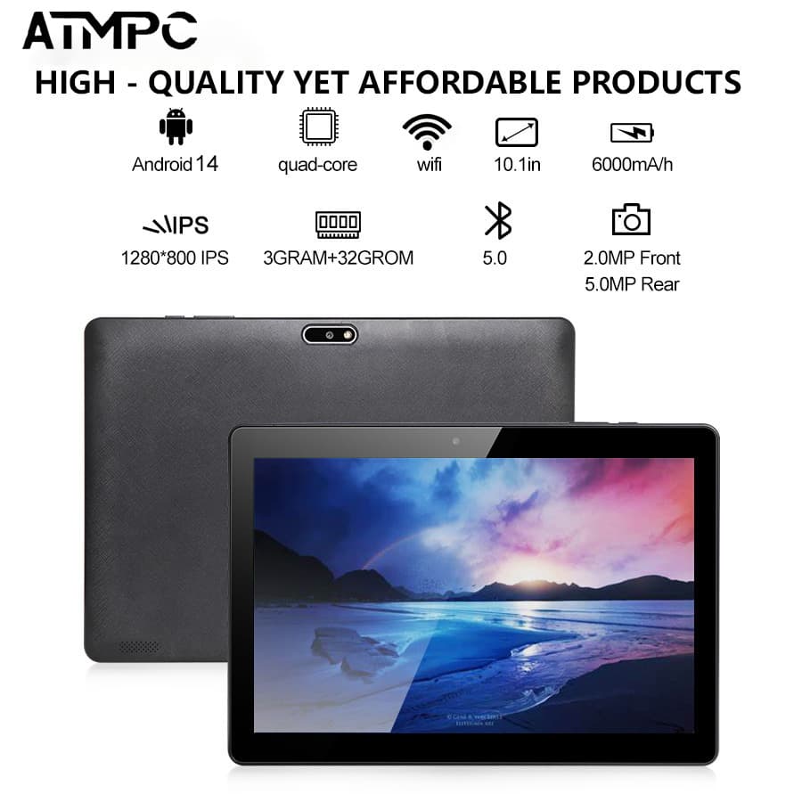 Tablets Android 14 de 10,1, 32 GB, 3 GB RAM, tela IPS 1280×800, processador quad-core, bateria 6000 mAh, Bluetooth 5.0,