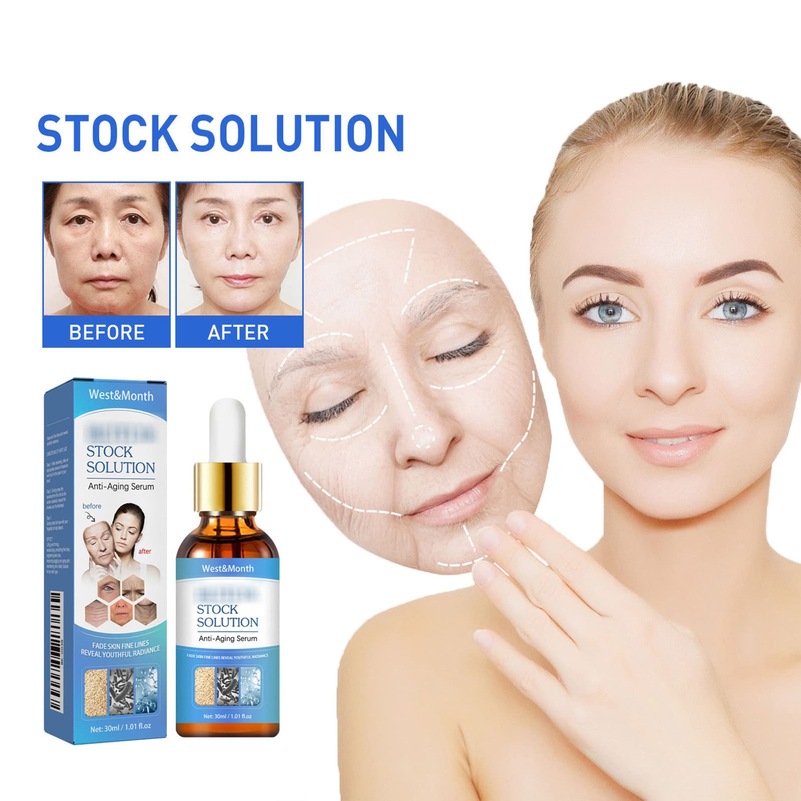 Anti-Idade para o Rosto, Facial em Estoque para Rugas, Linhas Finas e Manchas Escuras, Essência Clareadora para