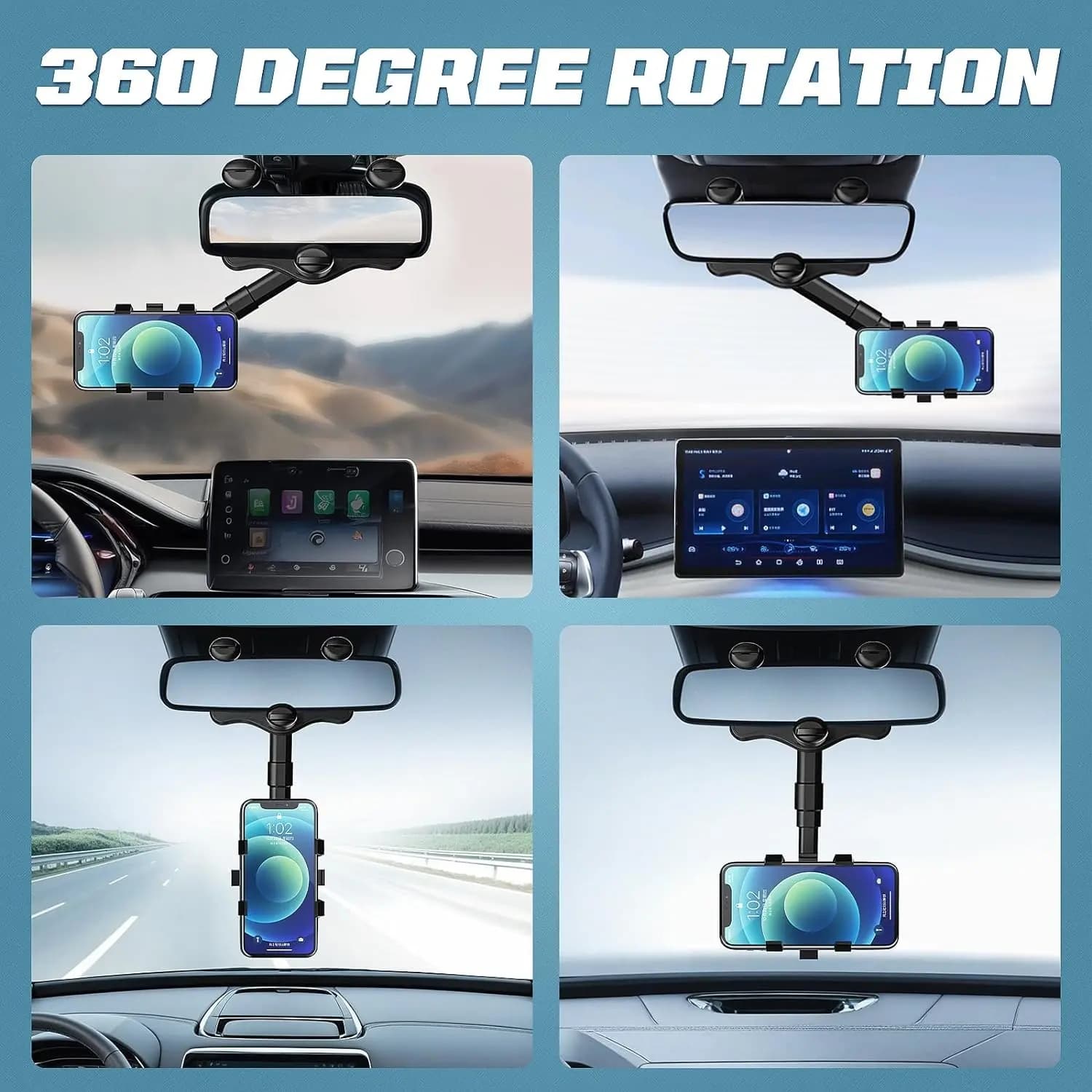 Suporte de Celular para Carro, Suporte de Celular para Retrovisores, Giratório 360° e Retrátil, Acessórios Automotivos