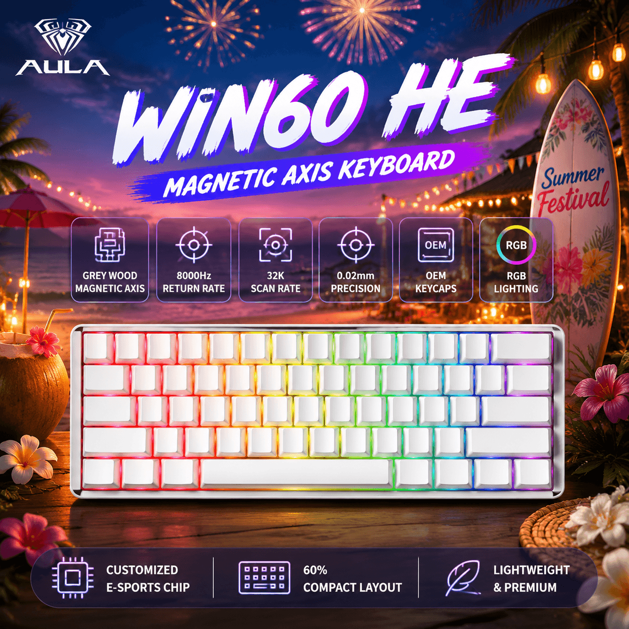 Teclado Mecânico Magnético com Efeito Hall AULA WIN60HE Cinza, Gatilho Rápido, Layout 60%, Teclado Gamer para PC