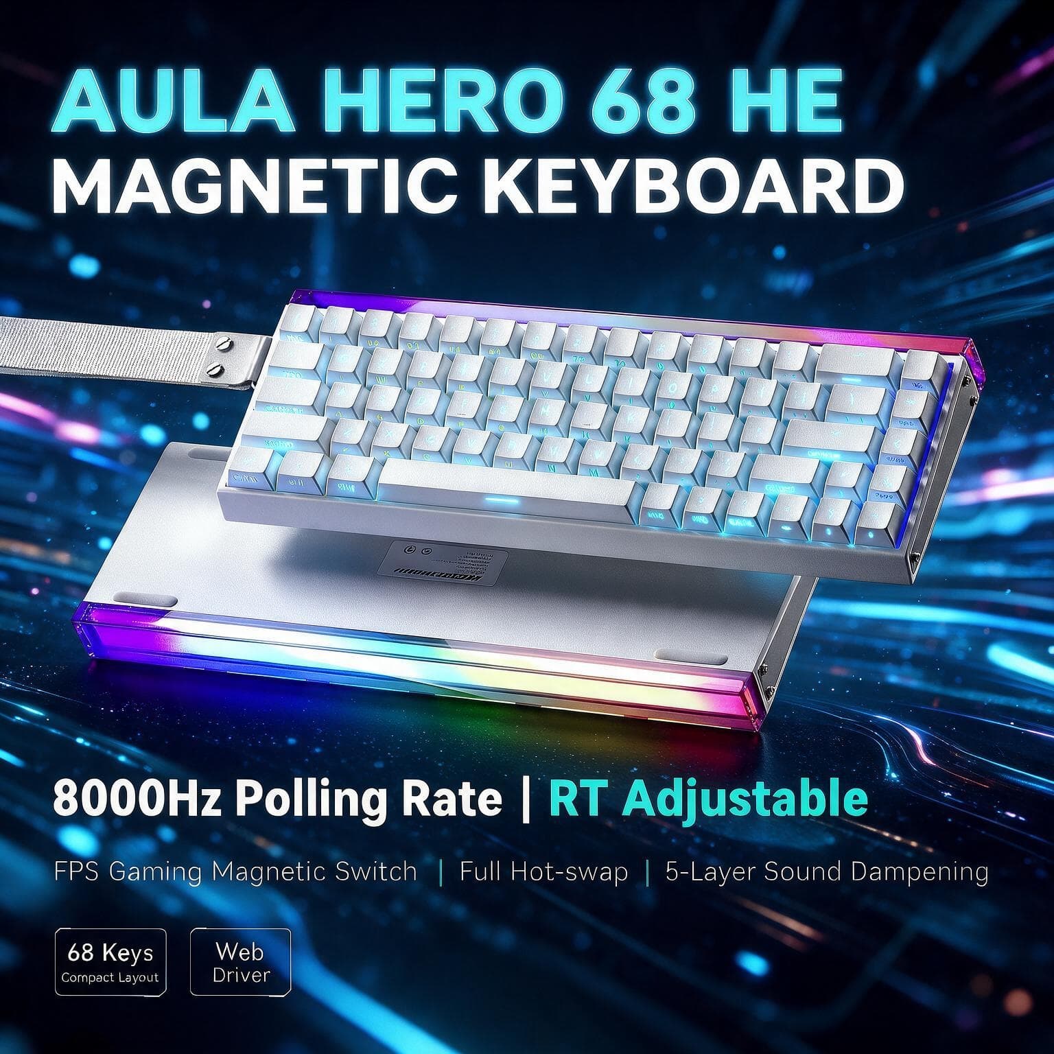 Teclado Mecânico Aula Hero68 para Jogos FPS 0,01mm de Precisão RT, Troca a Quente, Personalização Completa, Teclado de