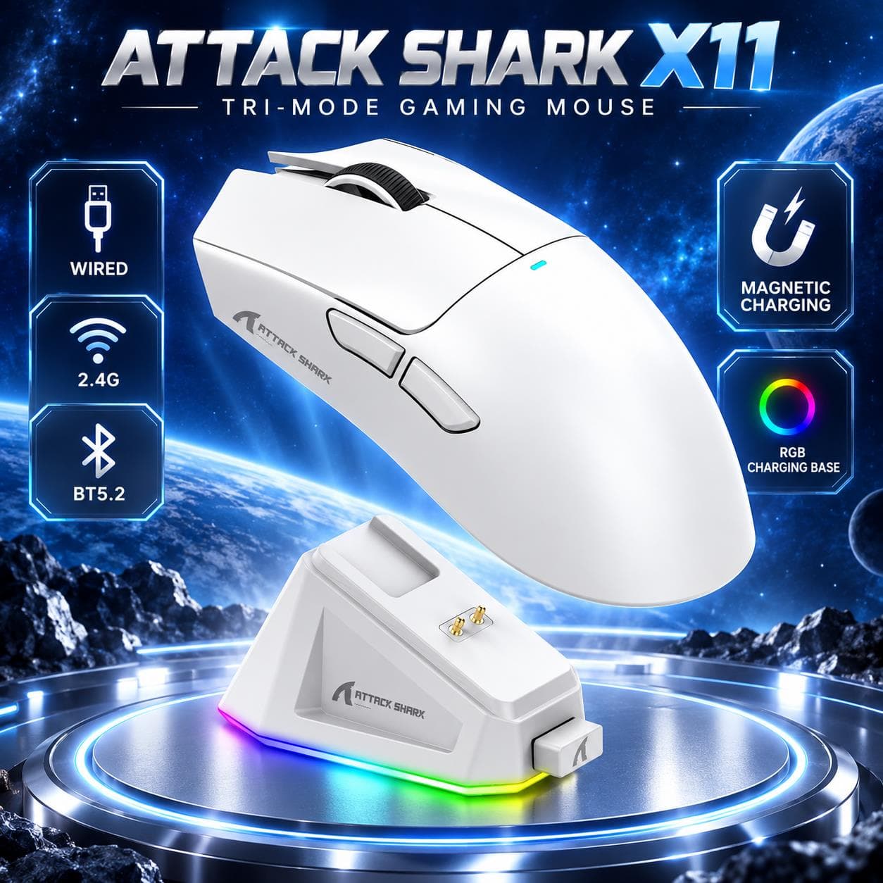 Mouse Gamer Sem Fio SHARK ATTACK X11 63g Ultra-Leve, Tri-Modo 2.4G/BT/Com Fio, PAW3311, 800-22000 DPI, 300mAh