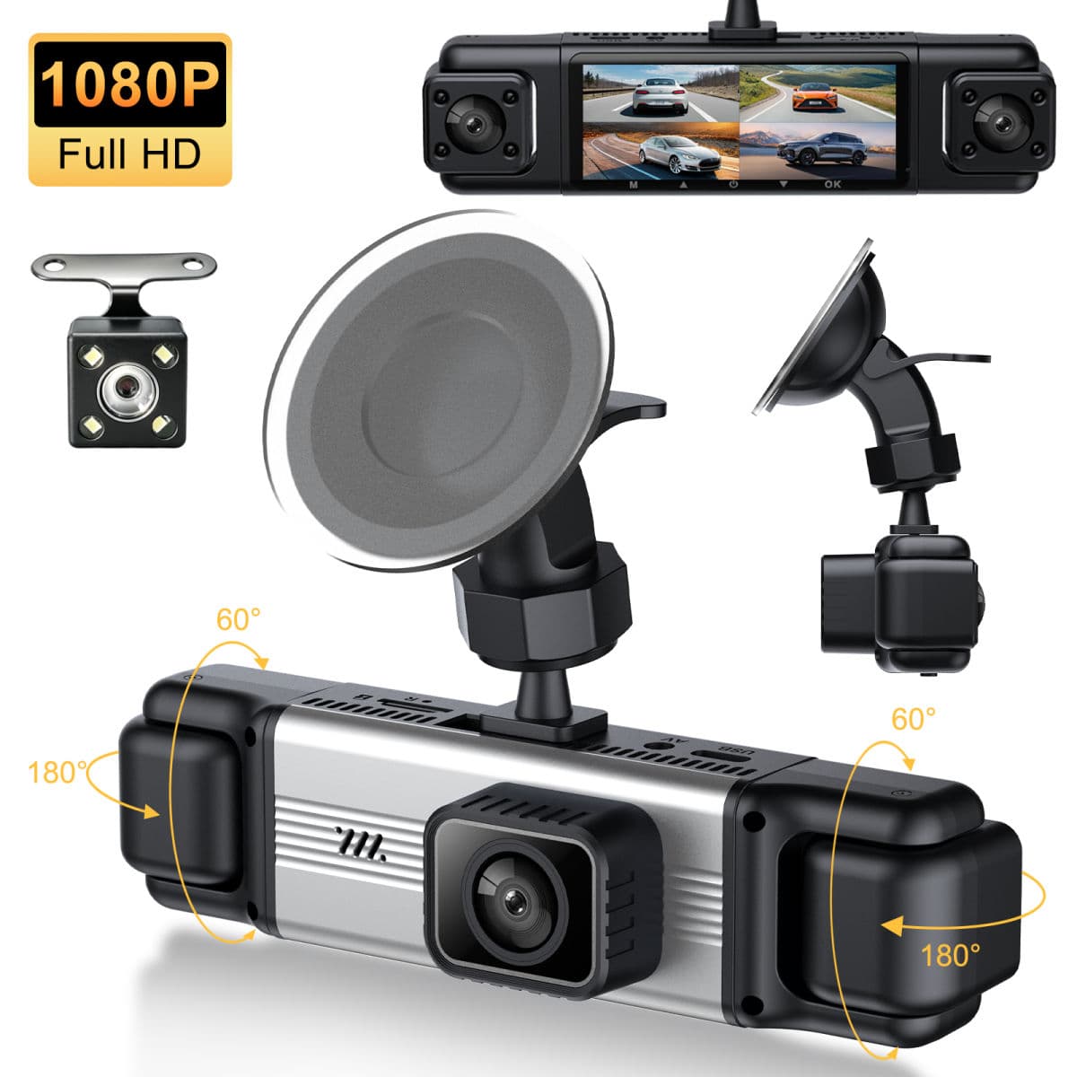 Câmera Veicular DVR 1080P 3/4 Canais Câmera Frontal Interna Giratória e Traseira com Visão Noturna Acessório para Carro