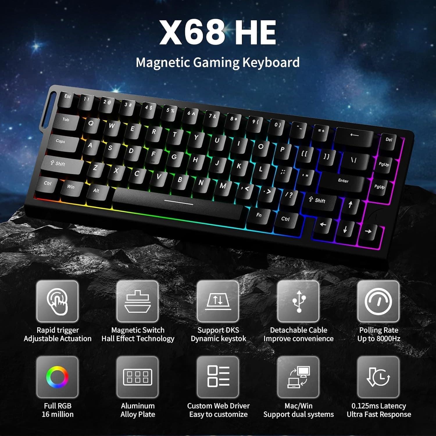 Teclado Mecânico Magnético Attack Shark X68 HE com fio RGB, teclado de precisão com gatilho rápido 8000Hz e 0,01 mm para
