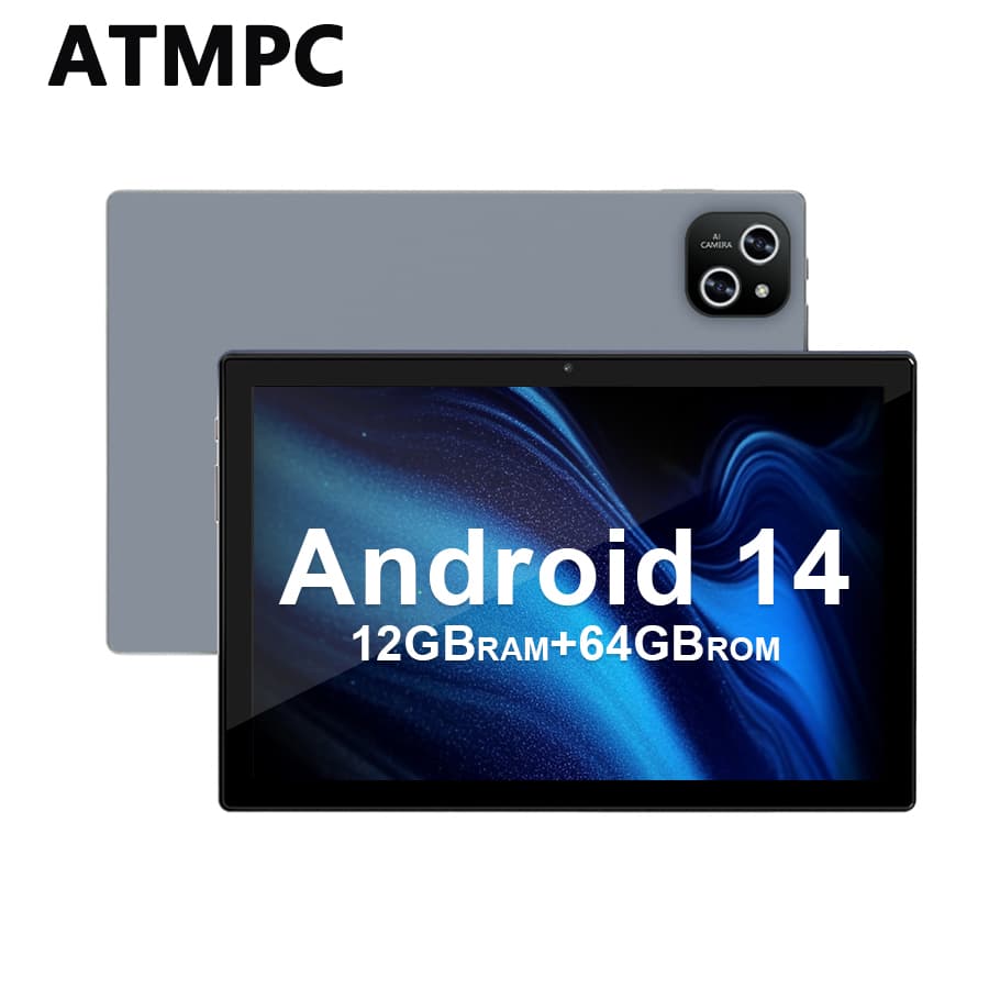 Tablet infantil ATMPC 10 polegadas, tablets Android, sistema 14, memória expansível de 12 GB + armazenamento de 64 GB,
