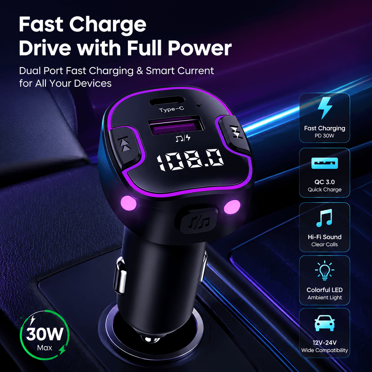 Adaptador De Transmissores FM Bluetooth Para Carro Portas USB Duplas Áudio Chamadas Mãos Livres