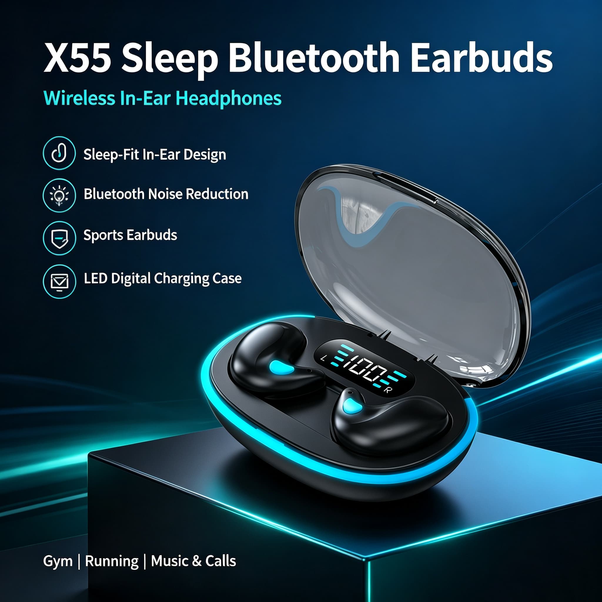 SPRISE X55 Fones de ouvido TWS invisíveis para dormir, fones de ouvido Bluetooth 5.3, fones de ouvido em camadas,