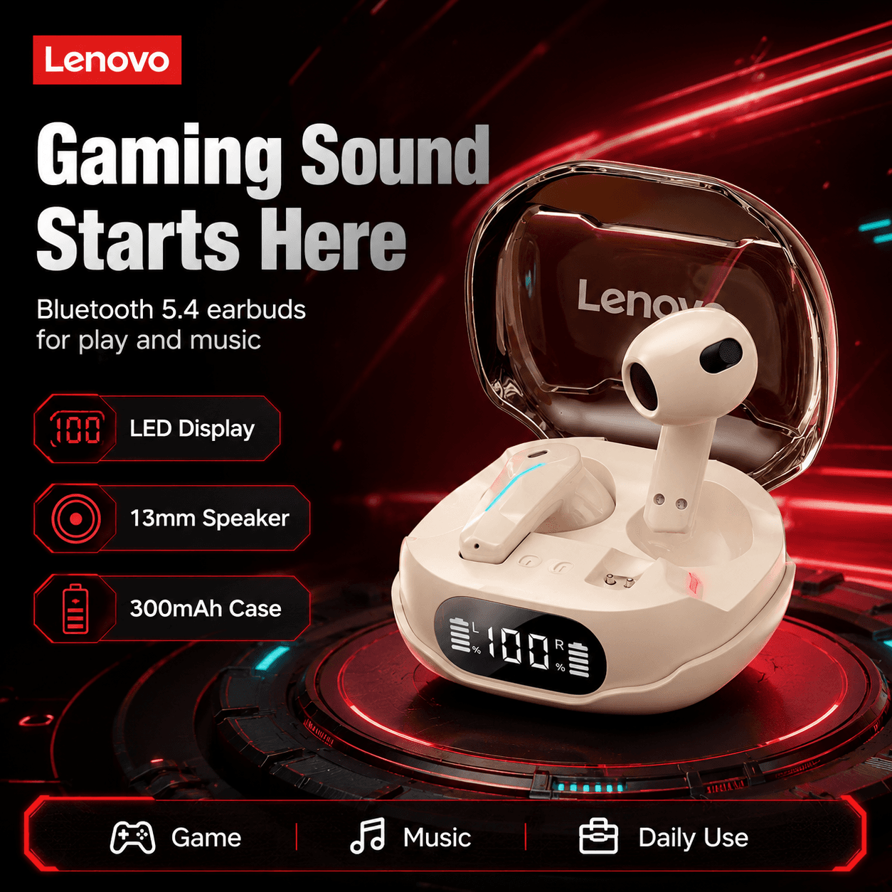Fone de Ouvido Bluetooth Lenovo TG101 com Microfone, Fones de Ouvido Bluetooth com Estojo de Carregamento de 300mAh e