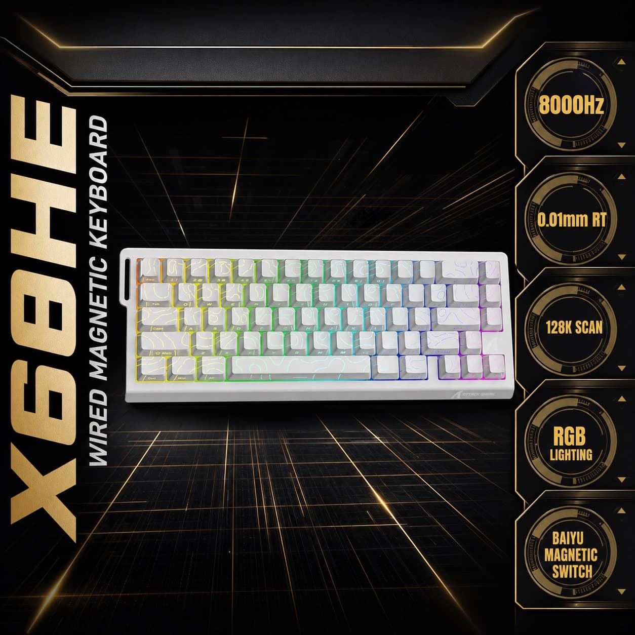 Teclado para jogos mecânico magnético ATTACK SHARK X68HE, teclado numérico, ponto de atuação ajustável de 0,1-3,4 mm,