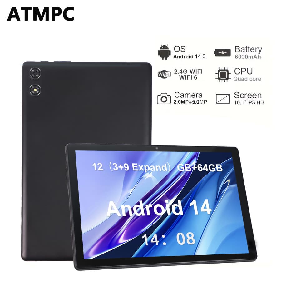 Tablet infantil de 10 polegadas ATMPC, tablets Android, sistema 14, 12 GB de RAM (3 GB + expansível para 9 GB) + 64 GB