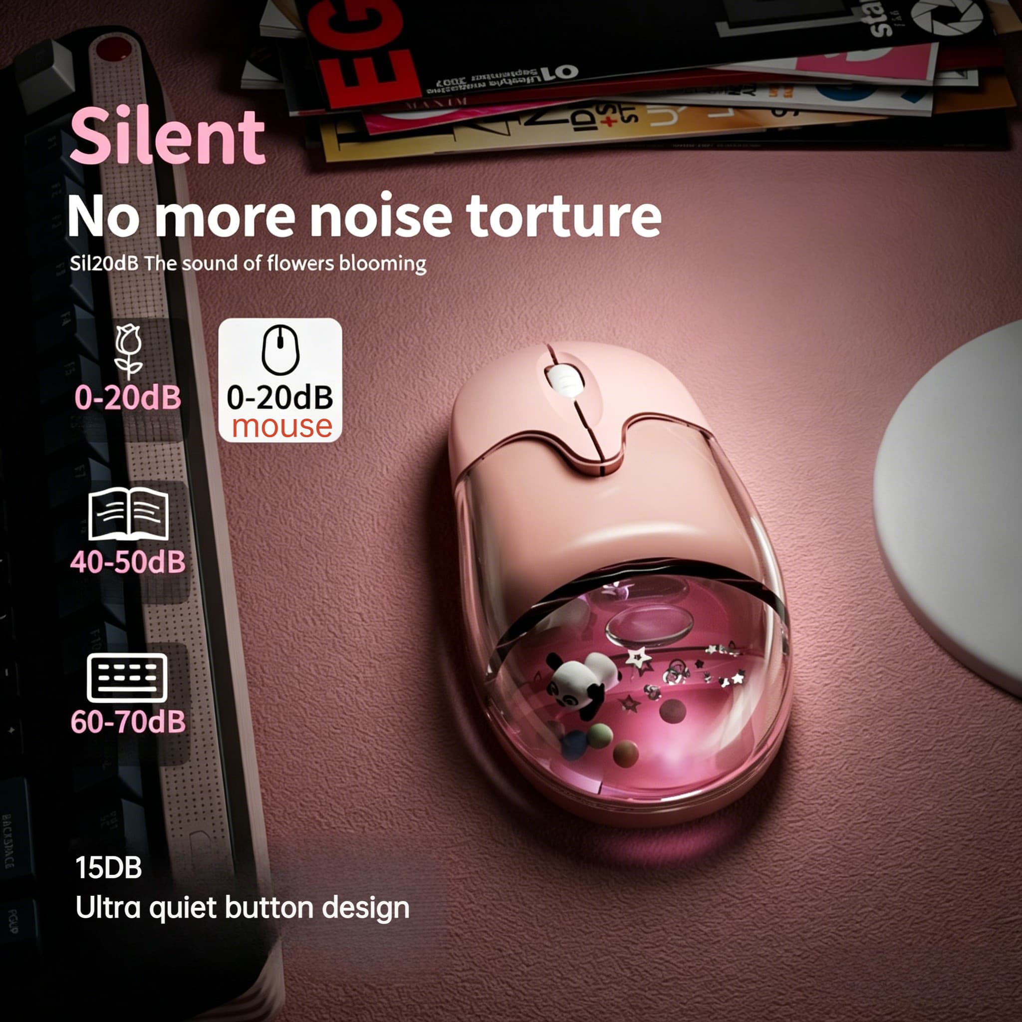 Mouse silencioso sem fio de modo duplo, wireless mouse, Bluetooth + 2.4G, conexão dupla, mouse ergonômico com iluminação