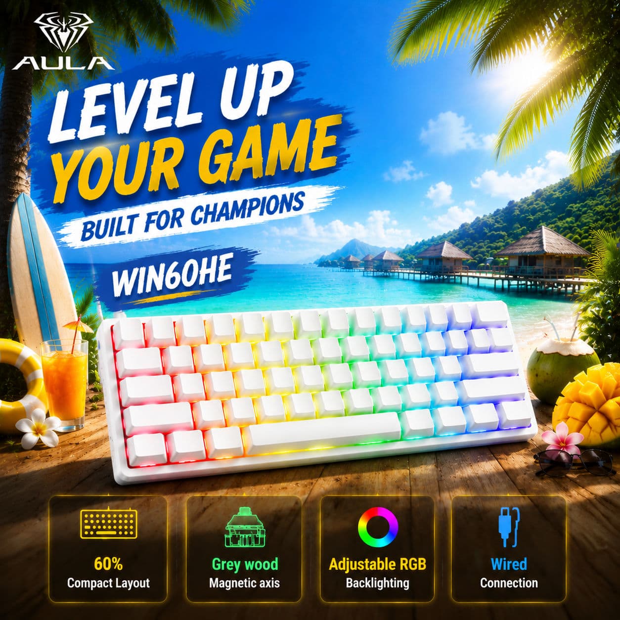 Teclado Mecânico de Jogos com Interruptor Magnético Hall Effect Rapid Trigger Cinza AULA WIN60HE, Teclado Mecânico de 60