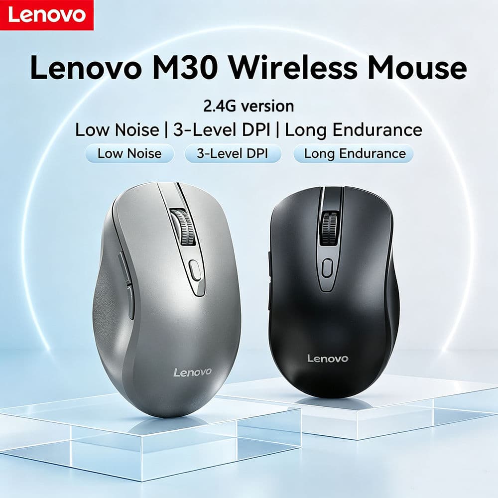 Mouse Sem Fio Lenovo M30 Recarregável 600mAh Bateria Grande, Clique Silencioso, DPI de 3 Velocidades, Botões Laterais,