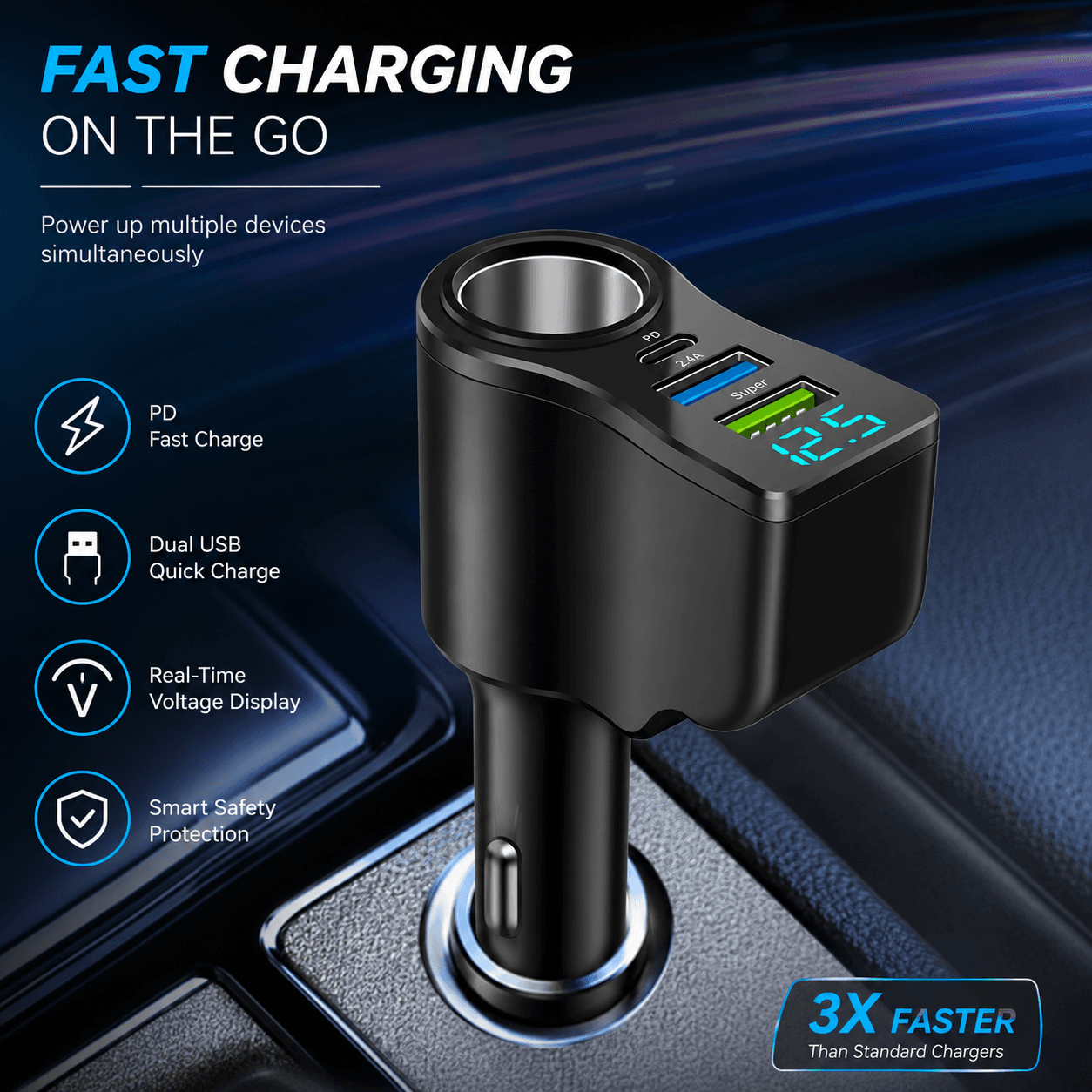 Carregador De Carro USB Multiportas De 66 W PD Tipo C Adaptador De Alimentação Rápida Para Telefone Com Display LED