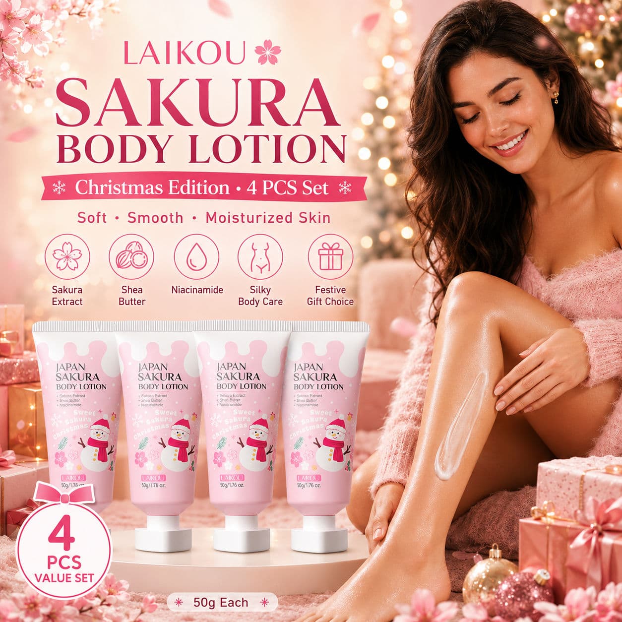 LAIKOU Japão Loção Corporal de Sakura Conjunto 4 Peças 50g Hidratante Corporal com Extrato de Sakura Niacinamida
