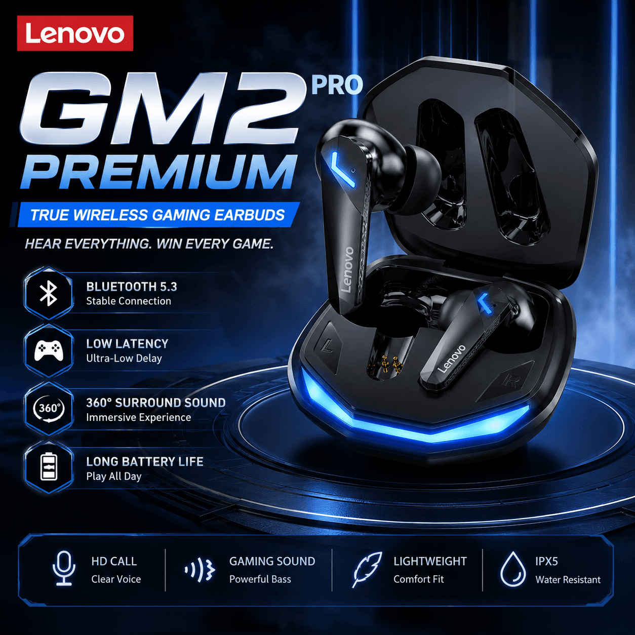 Fones de ouvido Lenovo GM2 PRO, fones Bluetooth 5.3 para jogos, fones de baixa latência, intra-auriculares, qualidade de