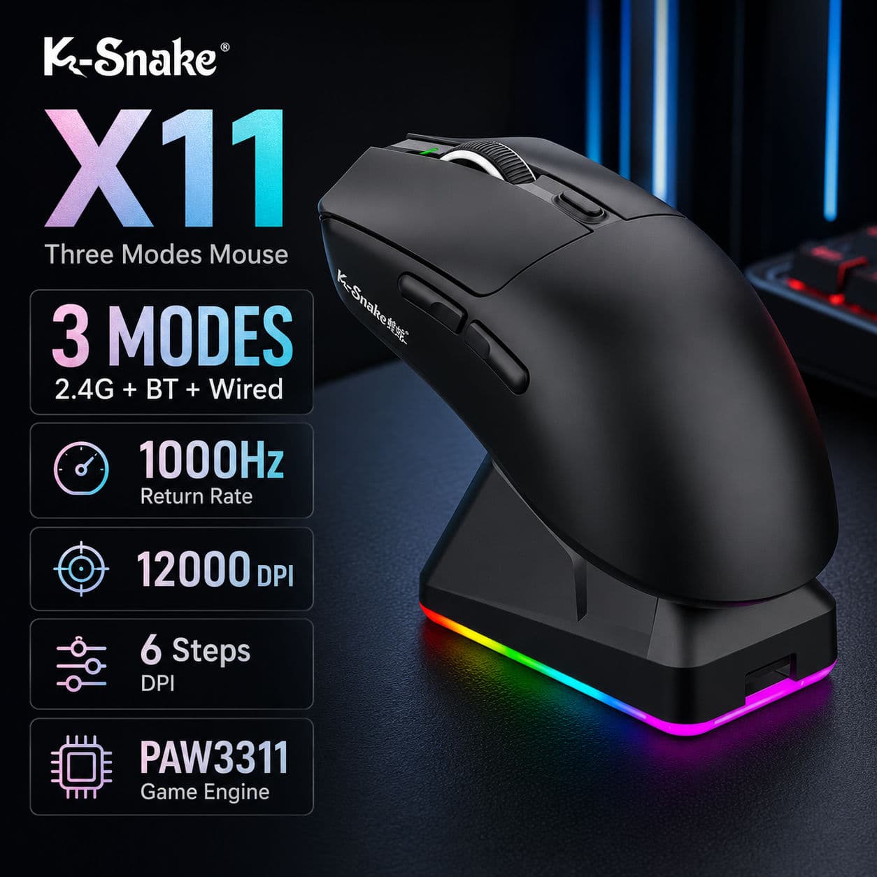 Mouse Gamer Sem Fio Tri-Modo X11 PAW3311 2.4G Bluetooth Dock de Carregamento RGB Mouse Ergonômico Leve para PC Laptop