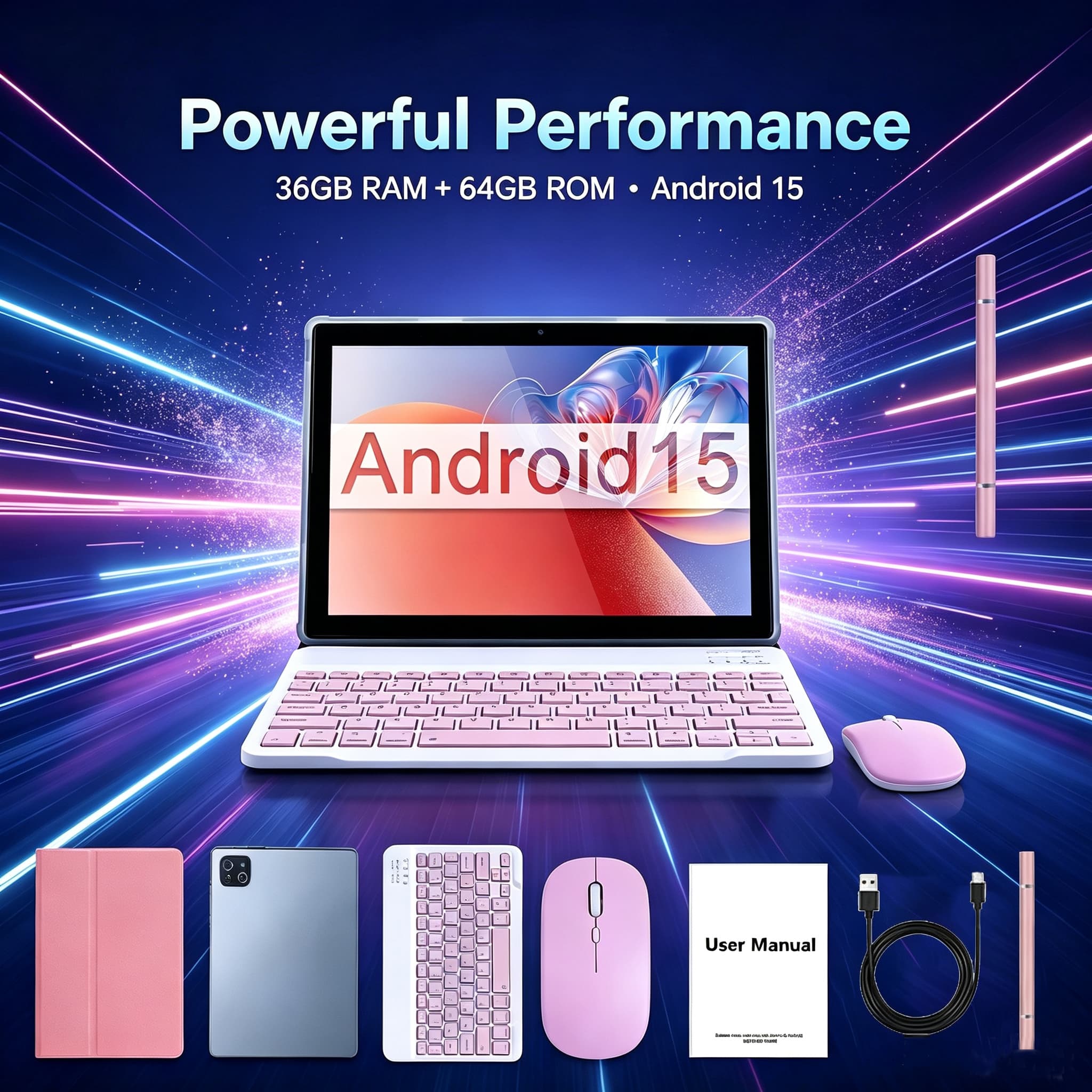 Tablet Android 2 em 1 de 10,1 polegadas com teclado, mouse, capa protetora e caneta stylus, 64GB de armazenamento + 36GB