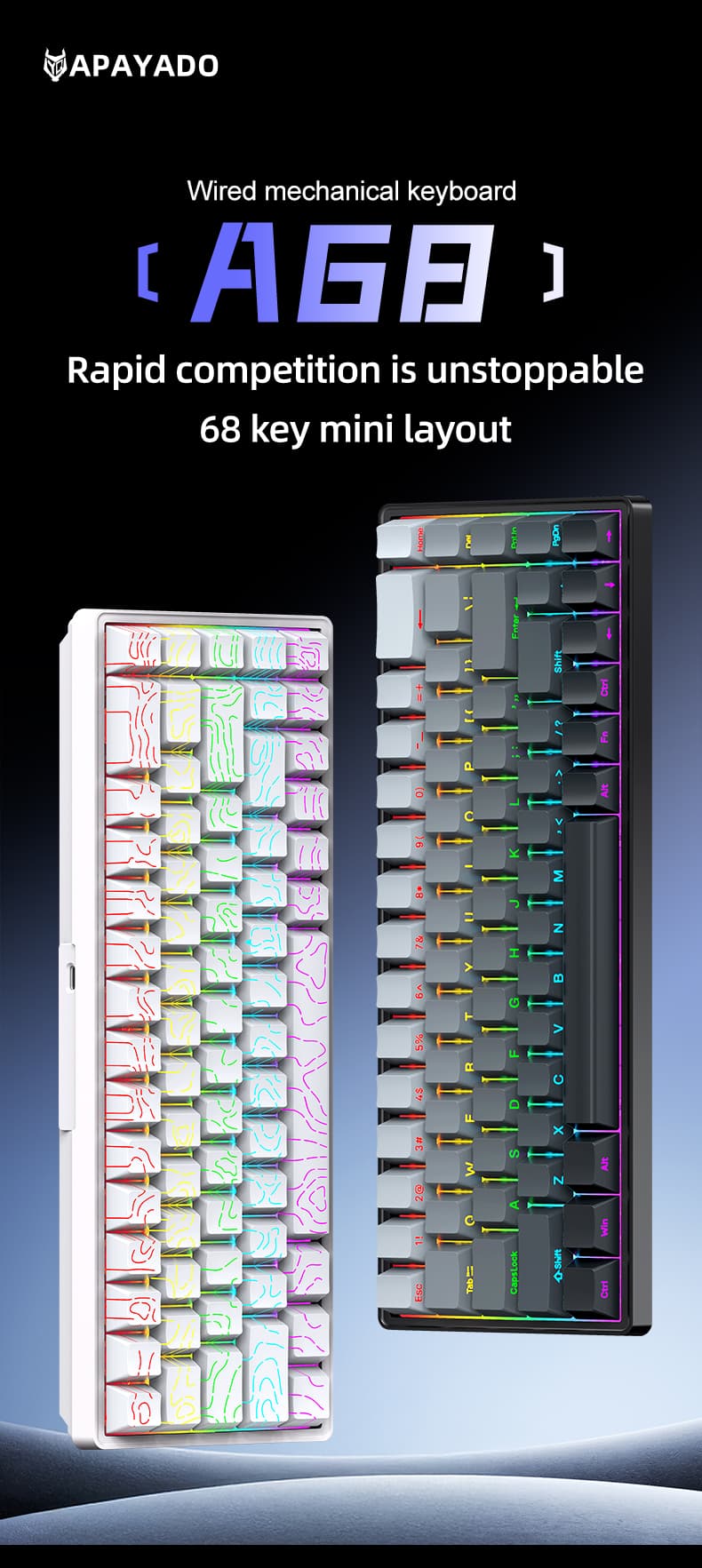 Teclado Mecânico APAYADO A68, teclas de contorno topográfico totalmente intercambiáveis, teclado com fio para jogos e