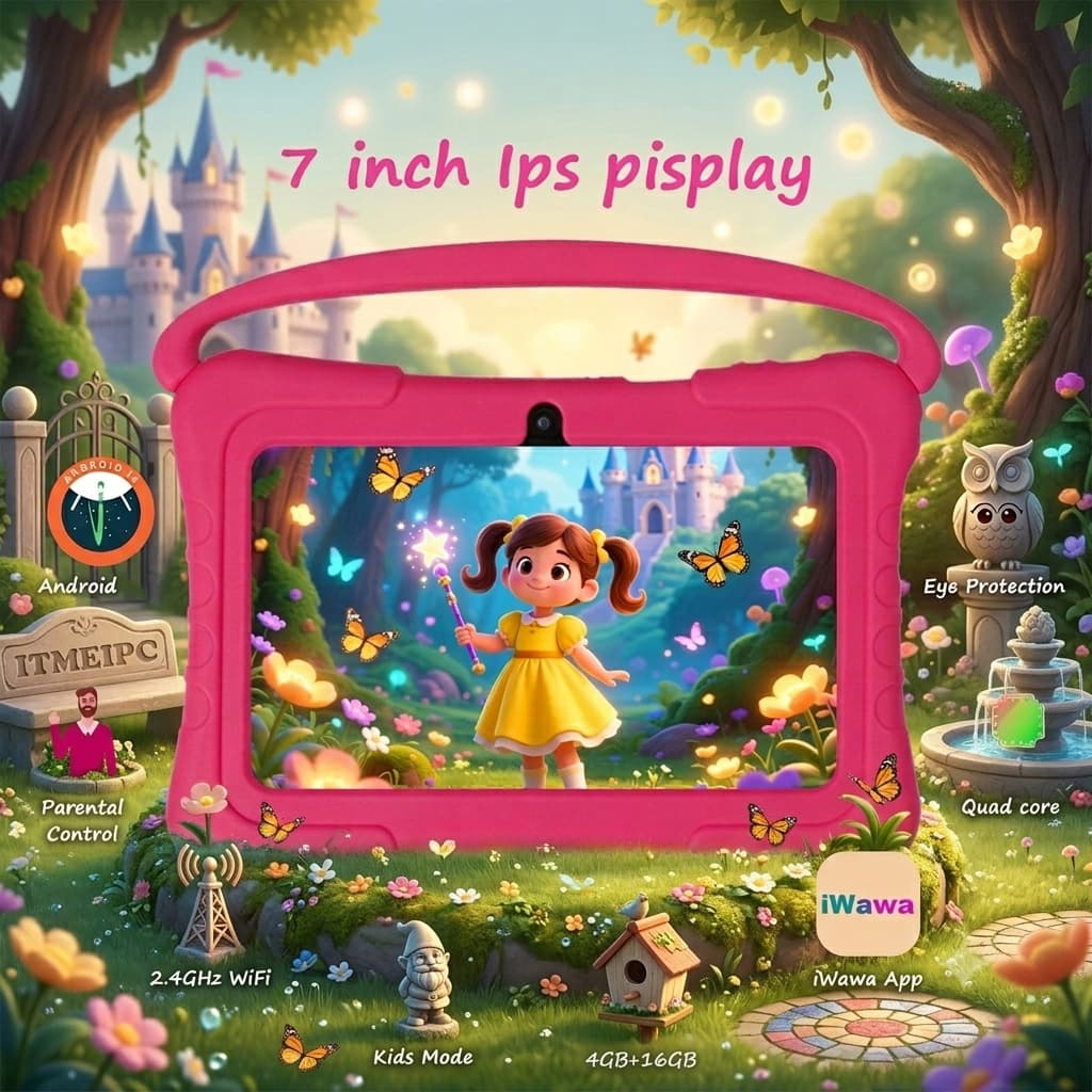 Tablet Infantil ATMPC, 16 GB de ROM, Tela HD de 7 polegadas IPS 1024*600, Android 14, Educativo para crianças, Jogos de