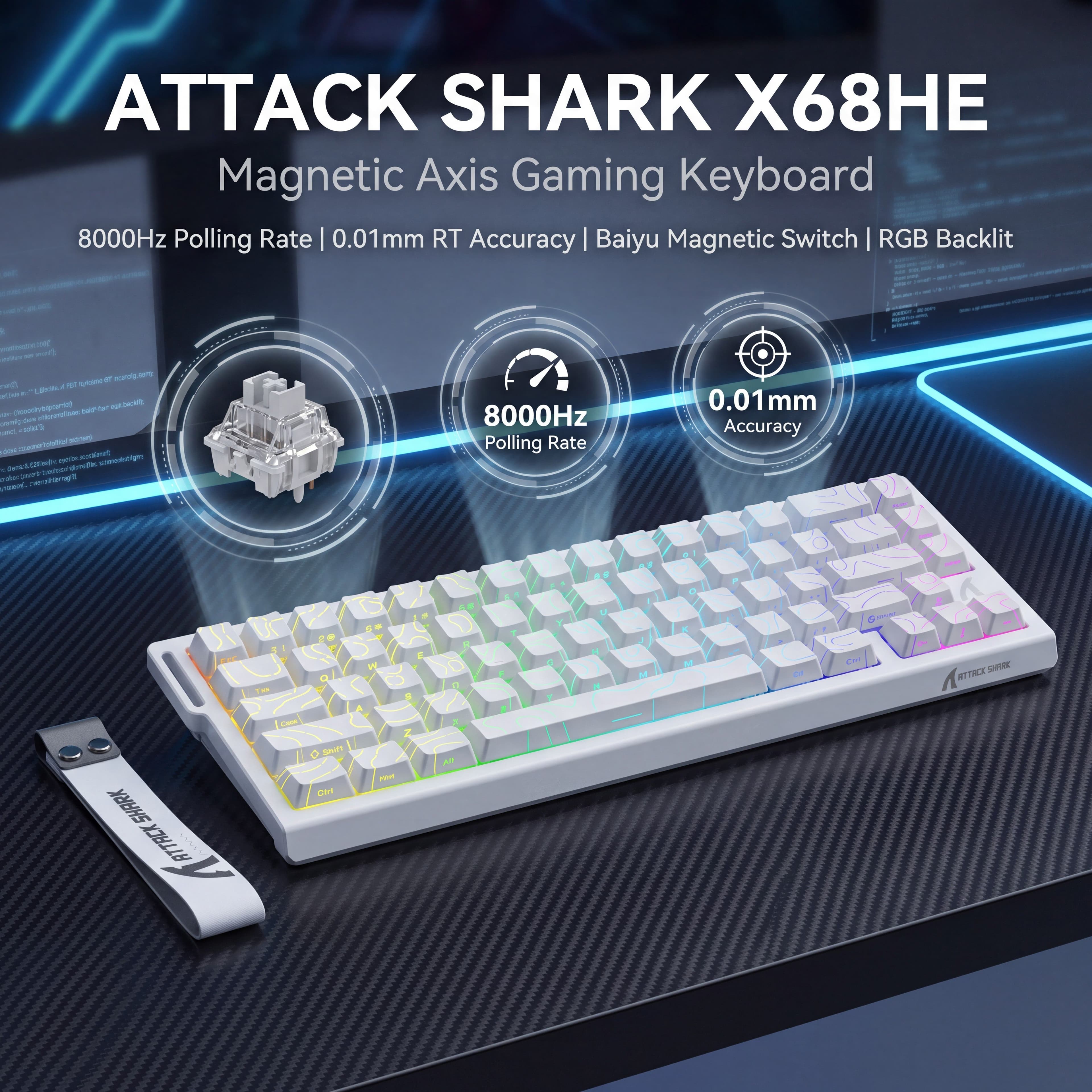 Teclado mecânico Attack Shark X68HE com Switch Magnético, taxa de sondagem de 8000Hz, teclado mecânico gamer sem fio