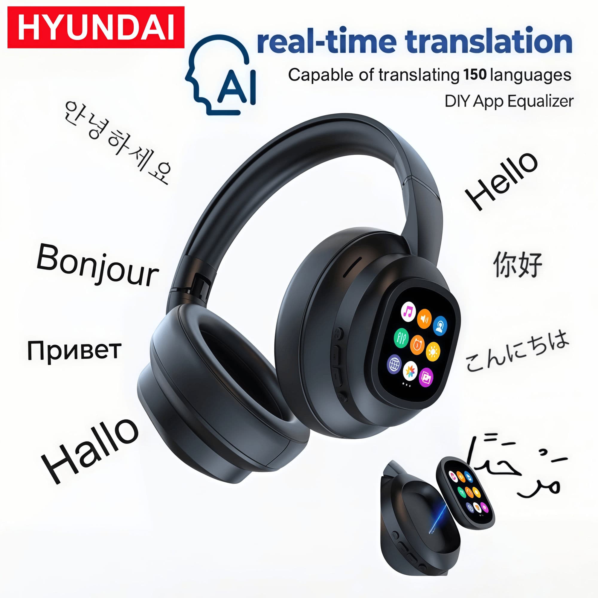 Fones de ouvido com tradução AI HYUNDAI X1PRO, 150 idiomas, sem fio, Bluetooth, fones de ouvido estéreo HiFi, fones de