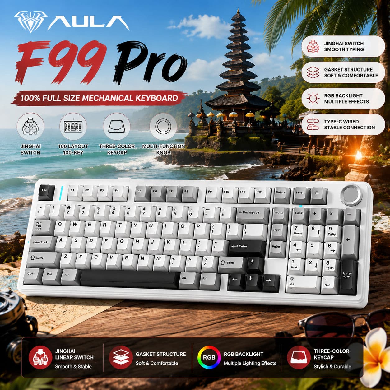 Teclado Mecânico AULA F99 Pro, Tri-Modo, Retroiluminação RGB, Teclado Ergonômico para Jogos com 100 Teclas para PC