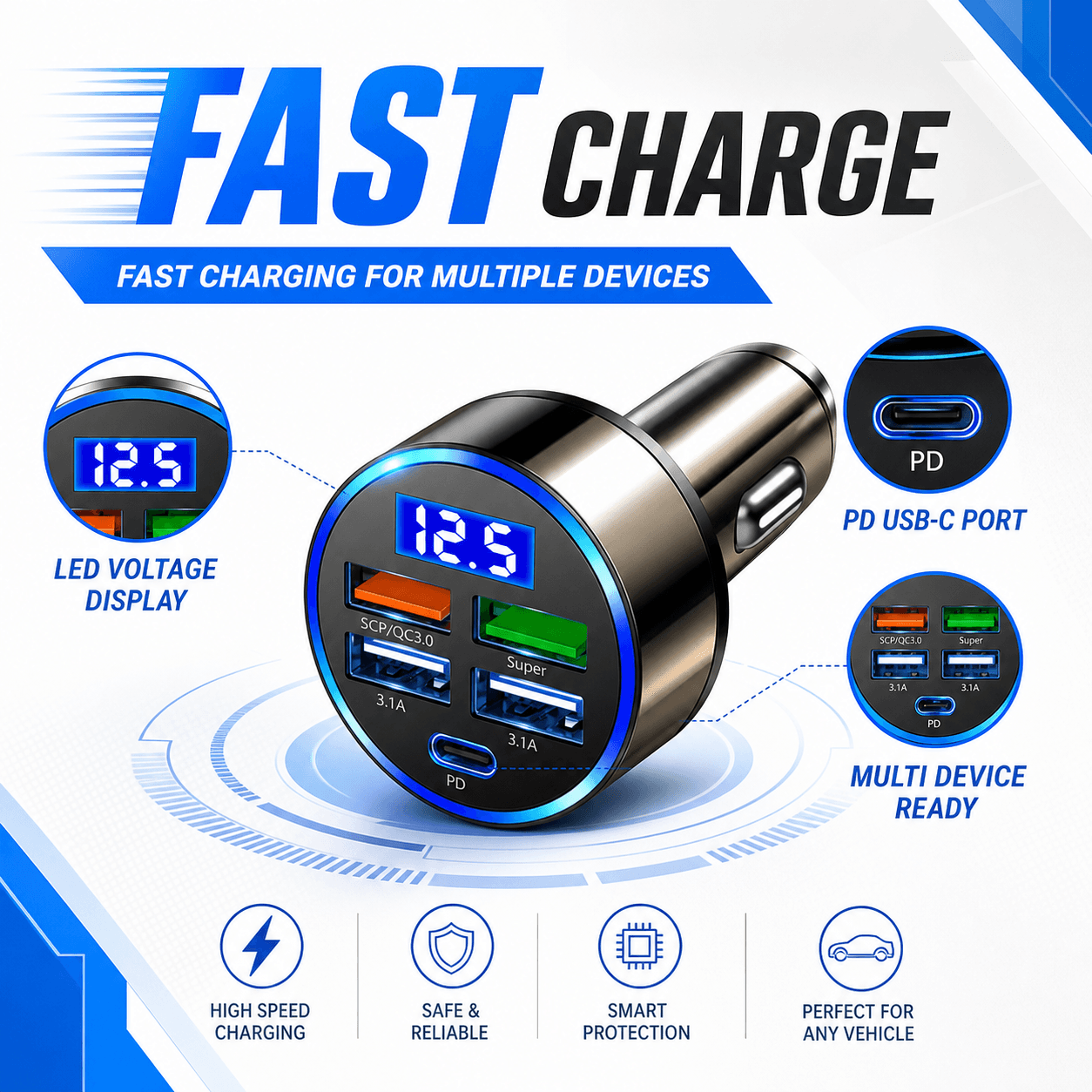 Adaptador De Carregador De Carro Super Rápido PD Duplo 12-24V Display De Tensão Adequado Para IPhone OPPO Samsung Huawei