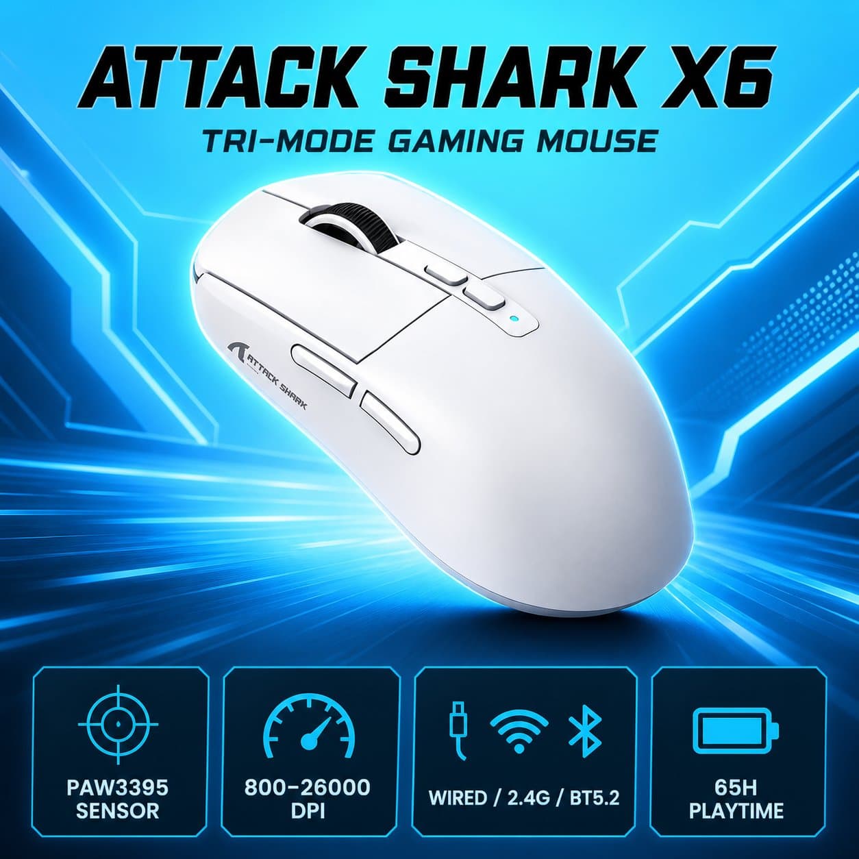 Mouse Gamer Sem Fio Attack Shark X6 PAW3395, 800-26000 DPI, 650 IPS 50G, Tri-Modo com Fio 2.4G Bluetooth 5.2, Taxa de