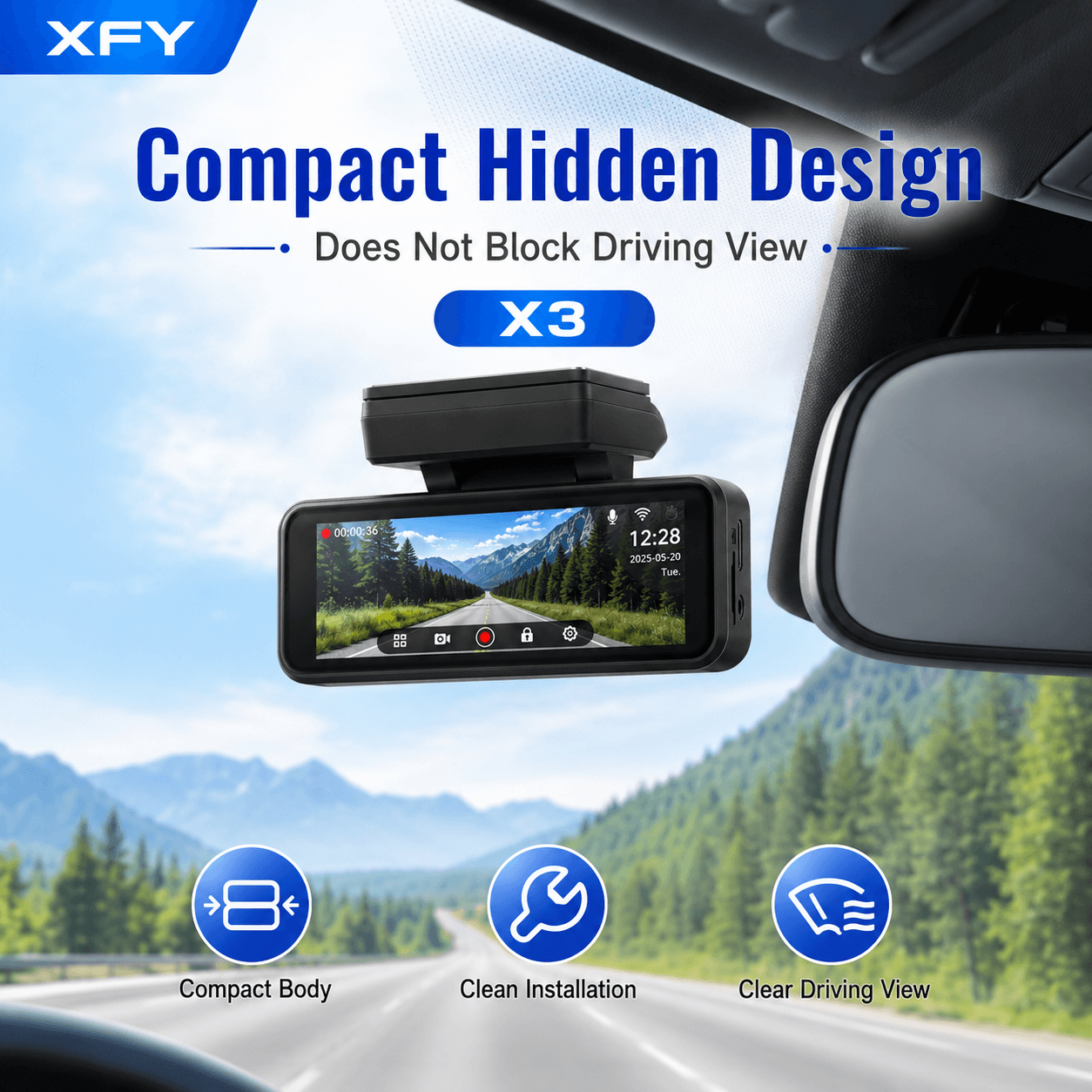 XFY X3 Câmera dupla para carro, frontal 4K + traseira 2K | Tela IPS 3,2 | APP WiFi e controle por voz | Instalação