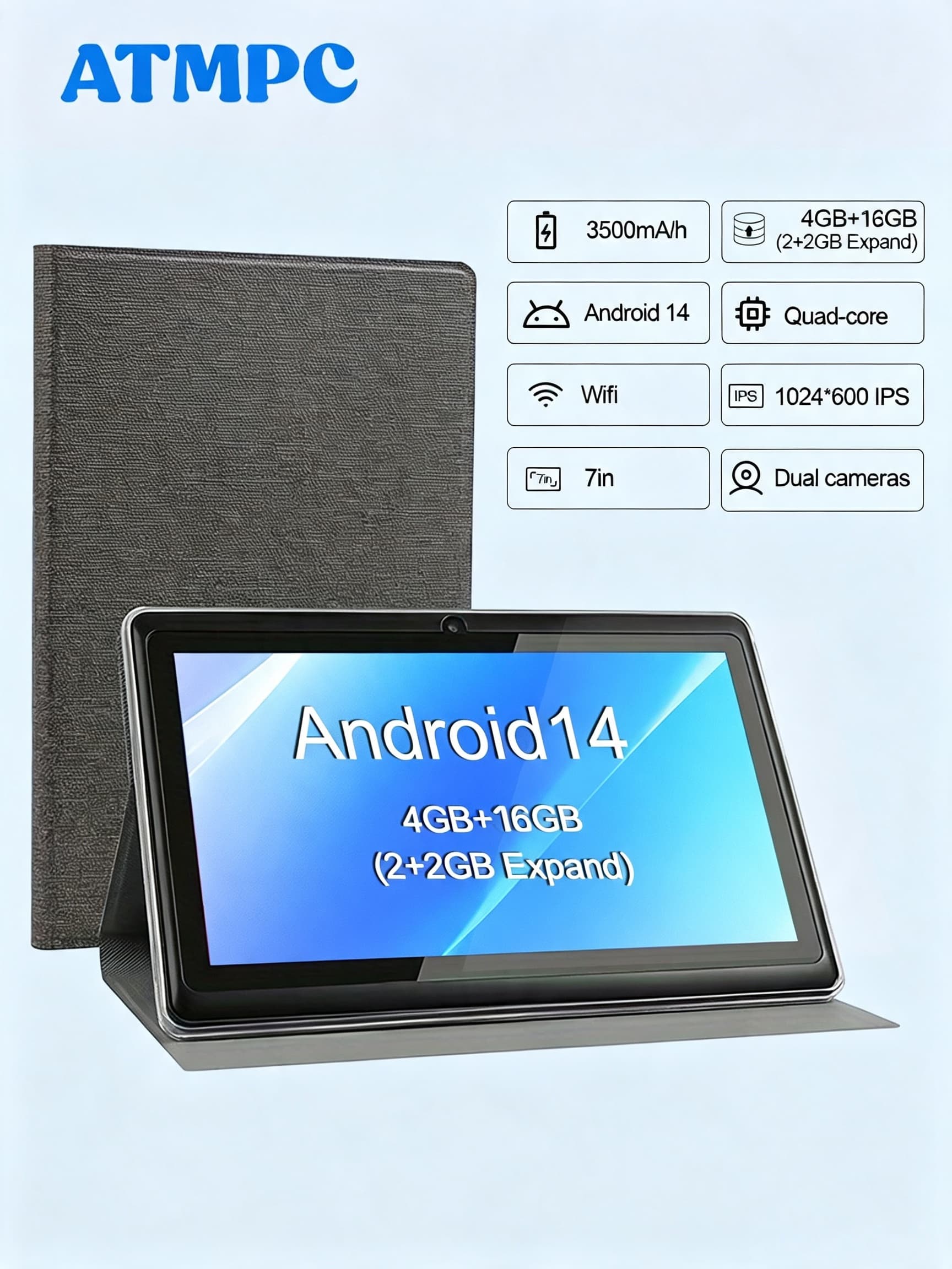 ATMPC tablet de 7 polegadas para crianças, tablets Android, câmera HD IPS, 4 GB de RAM + 16 GB de ROM, WiFi 6