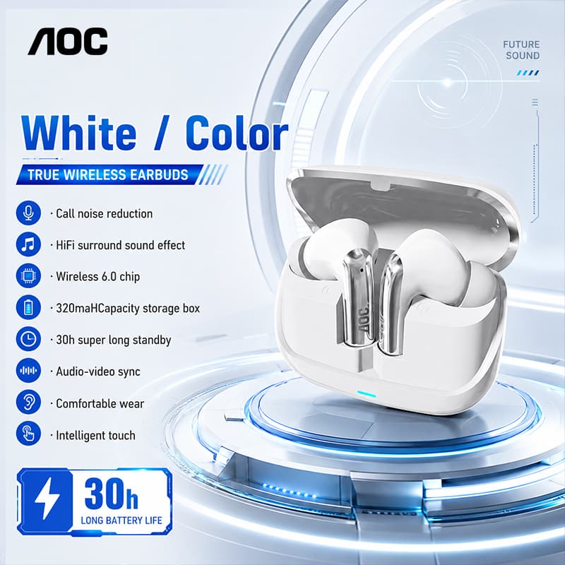 AOC ACT4635 Fones de Ouvido Bluetooth 6.0, Fones Intra-Auriculares, Drivers de Alta Qualidade, Som de Cinema, Fones de
