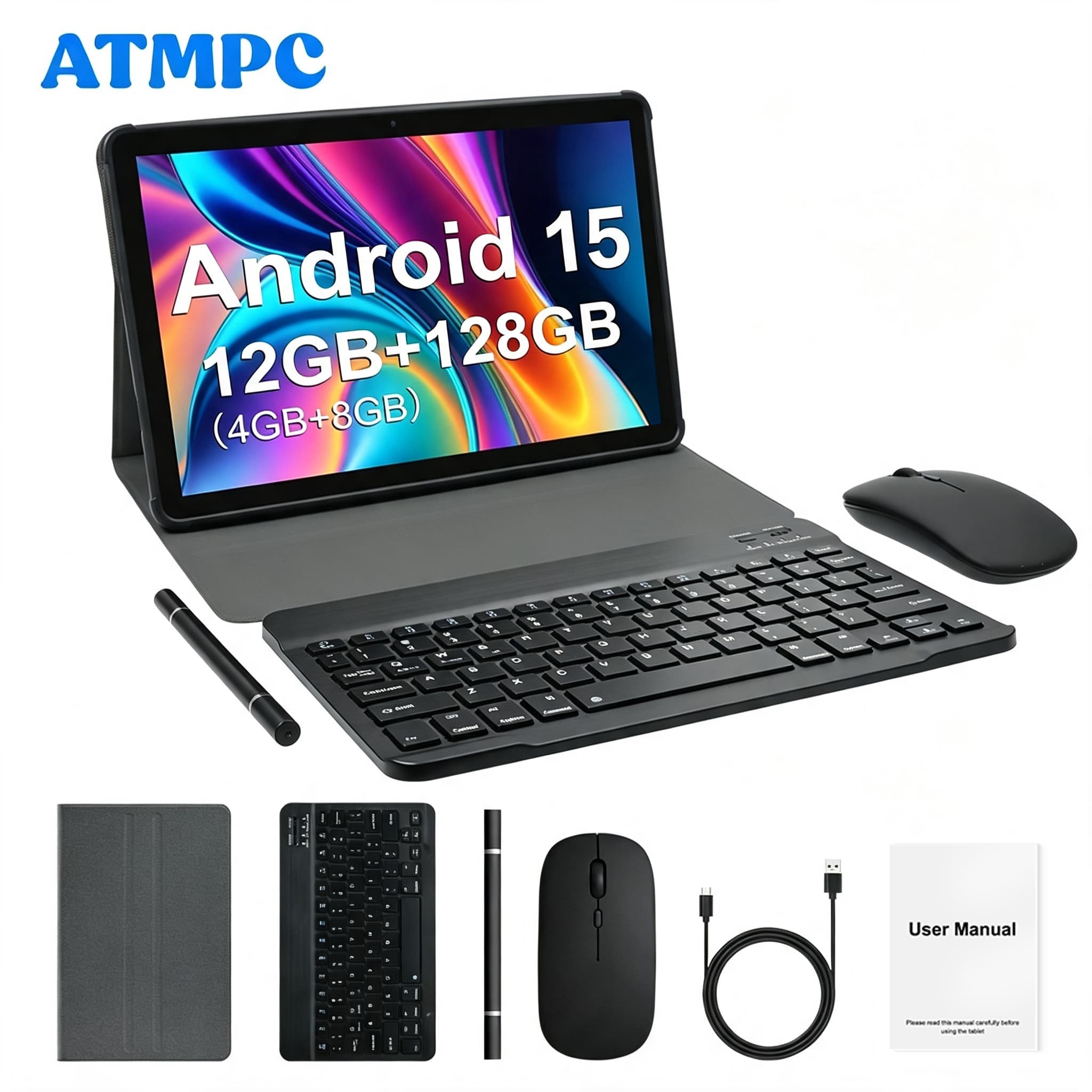 Tablet Android ATMPC, tela IPS HD de 11 polegadas, 128GB de armazenamento interno, acompanha teclado, mouse, caneta