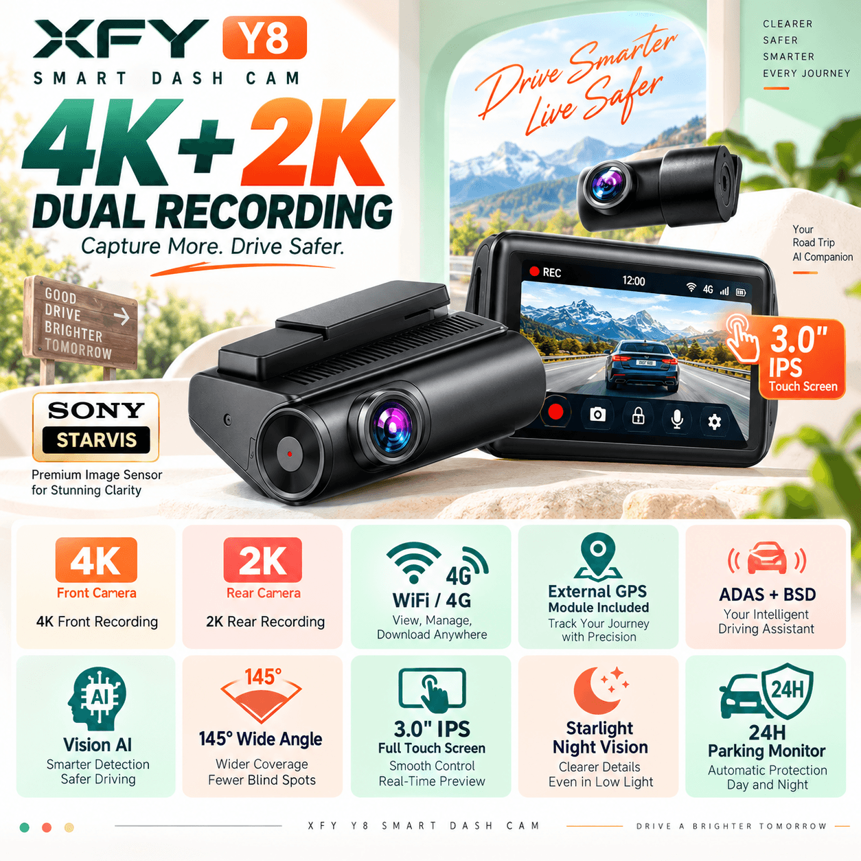 Xfy Y8 4k 2k Dual Dash Cam WIFI Gps Starlight Night Vision 3.0 " Ips Touch Screen Monitor De Estacionamento