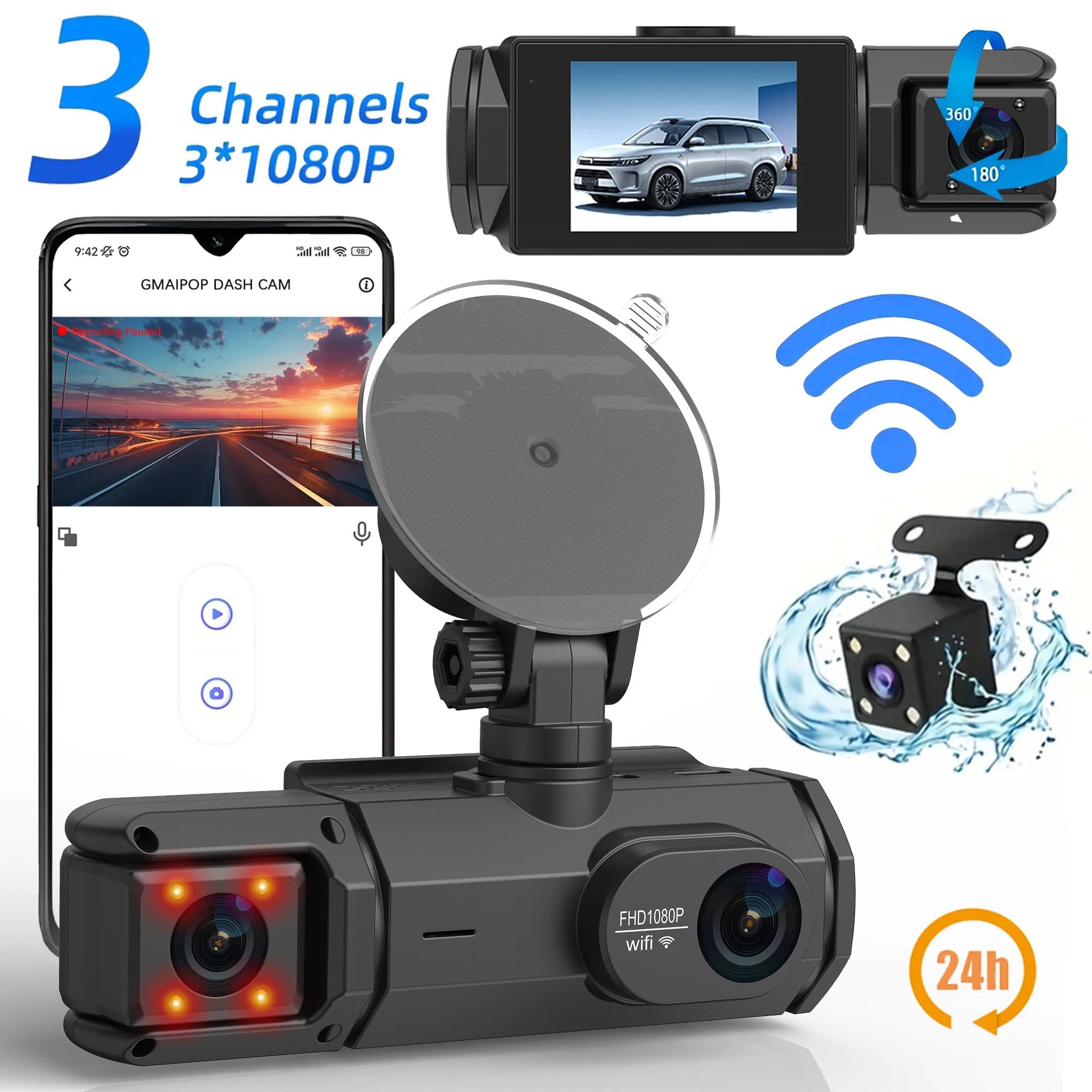 Gravador de vídeo para carro DVR com 3 câmeras: caixa preta 360, câmera frontal, esquerda, direita e traseira com kit de