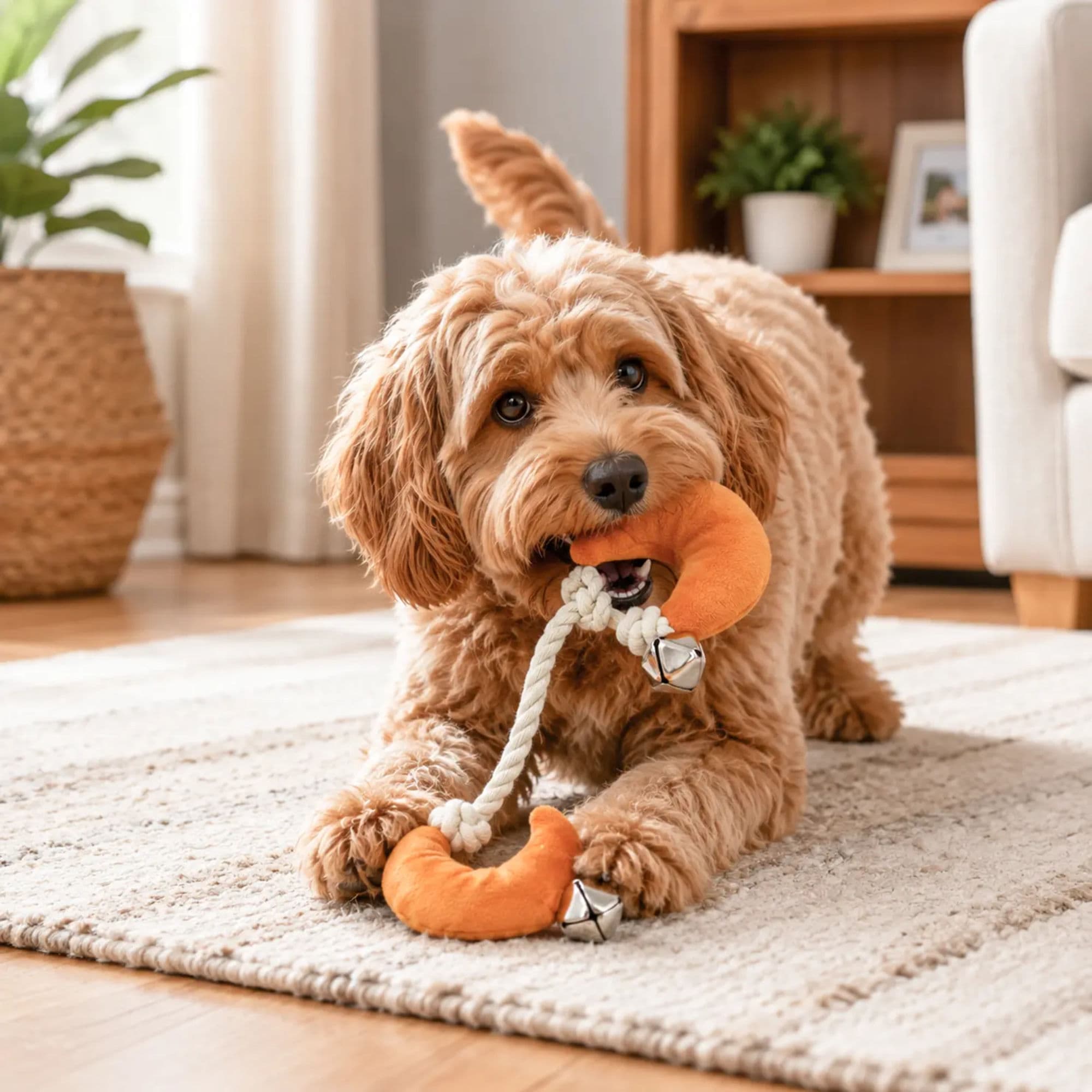 Brinquedo Interativo de Cabo de Guerra para Cachorro, Brinquedo de Pelúcia Macio com Sino, Brinquedo Durável para Morder