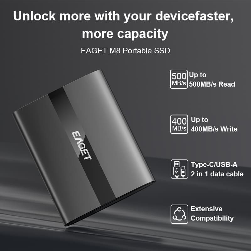 EAGET M8 Disco Rígido Externo USB 3.2 Gen1 5Gbps, Leitura 500MB/s, Cabo 2 em 1 Tipo-C e USB-A, Armazenamento Portátil