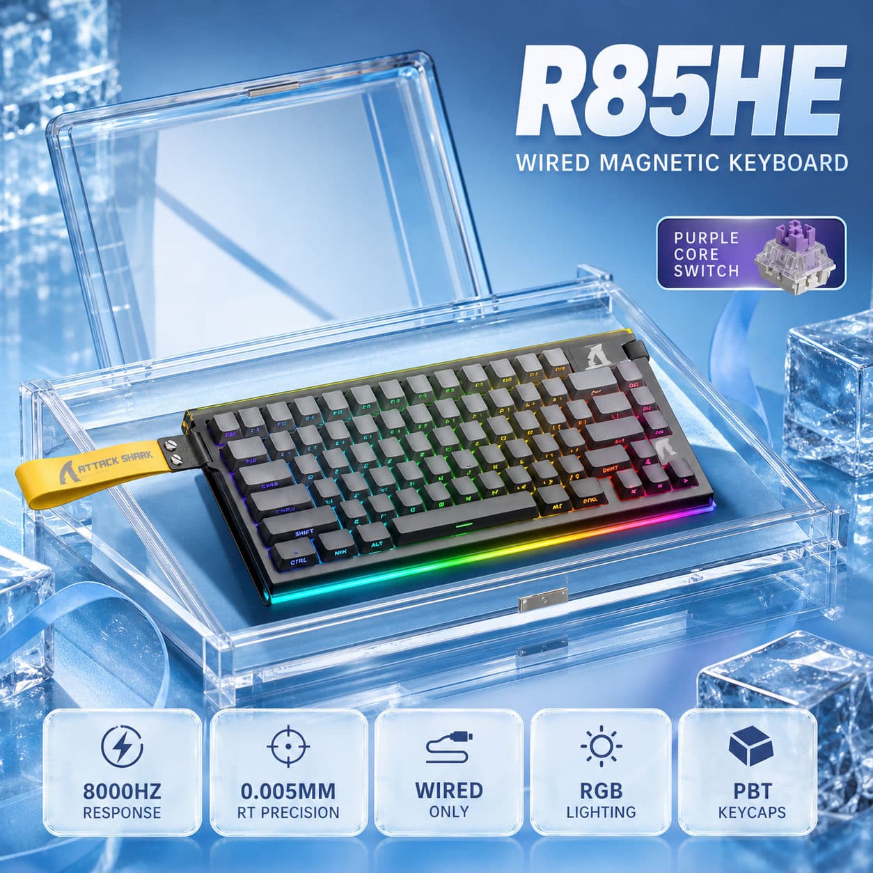 Teclado de Jogos Mini USB Mecânico ATTACK SHARK R85HE, Retroiluminação RGB, Interruptor de Jogos, Teclado Compacto,