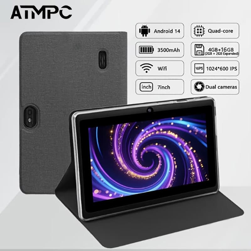 Tablet Android de 7 polegadas ATMPC, armazenamento de 16 GB, tela IPS 1024×600, Wi-Fi, câmeras duplas, tablet portátil